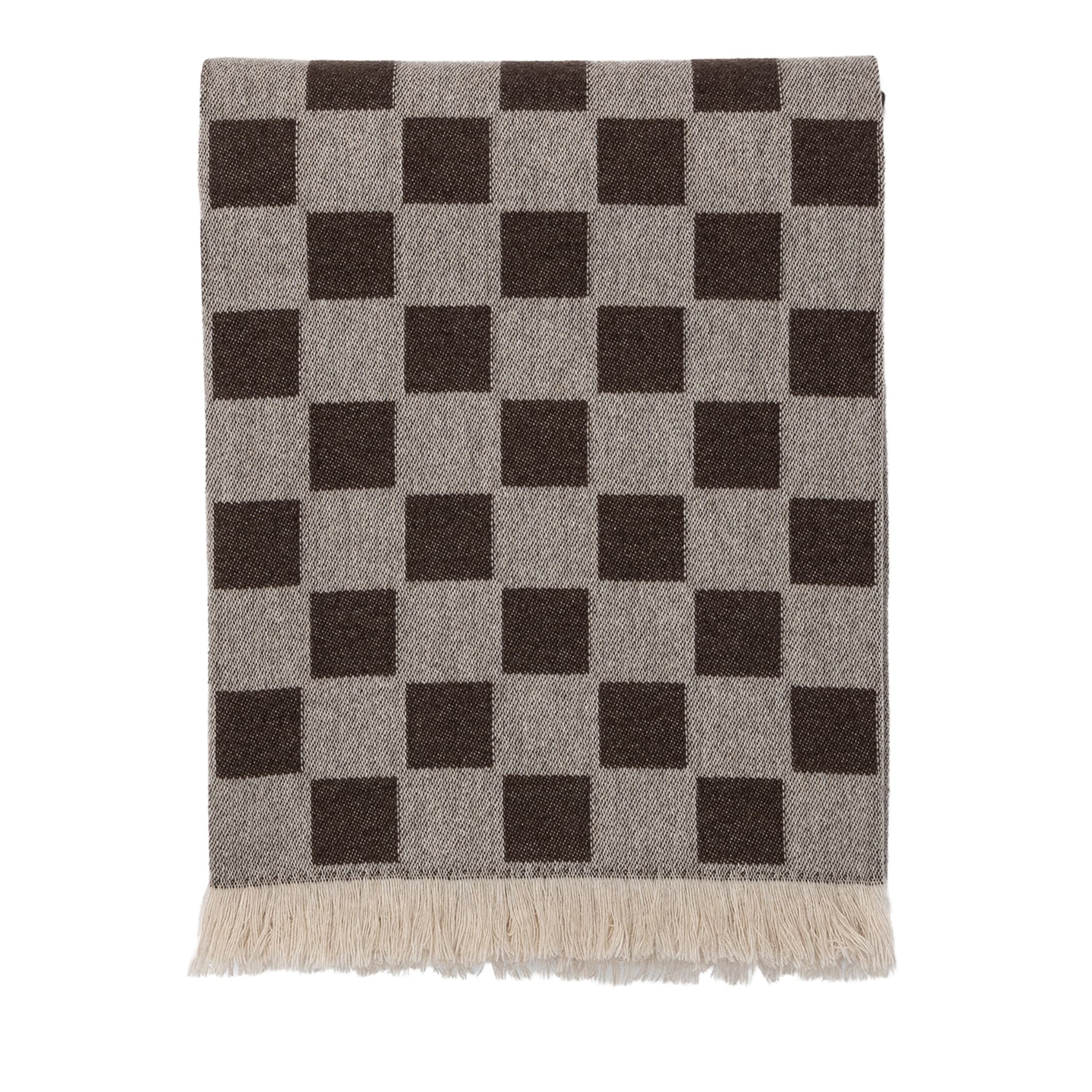 Fringed Brown Chessboard-Patterned Blanket - Main view