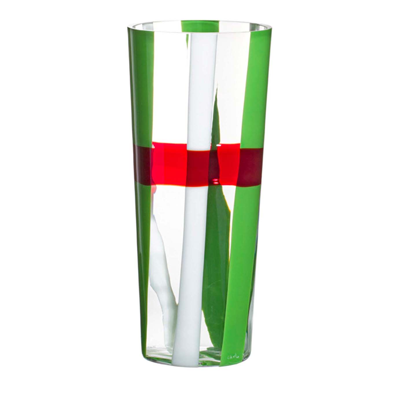 Troncocono Green/White/Red Stripes Vase by Carlo Moretti - Carlo Moretti