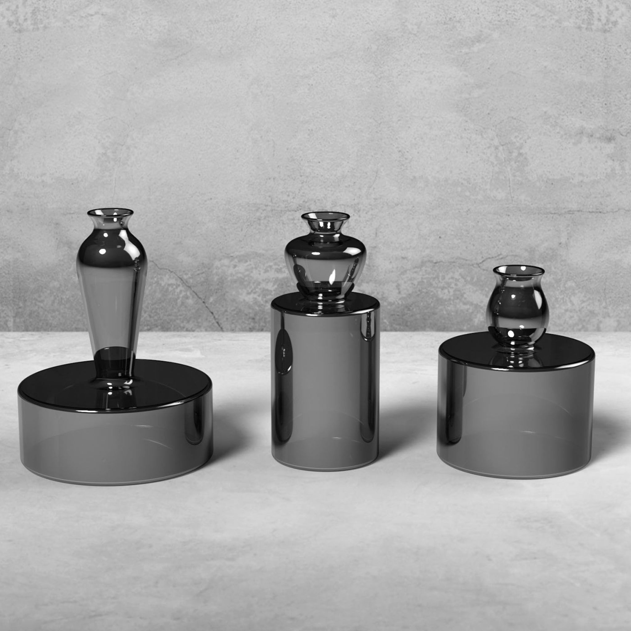 Milo Set of 3 Round-Based Black Glass Vases by Quaglio Simonelli - Alternative view 1