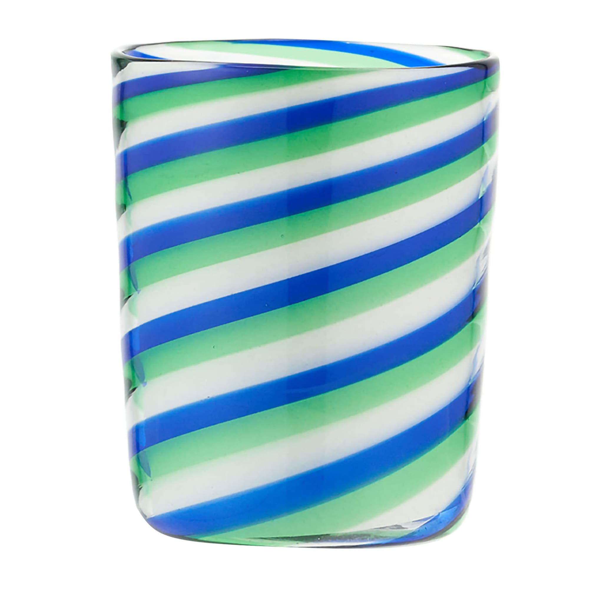 Set di 2 bicchieri da shot blu e verdi con turbine arcobaleno, soffiati a bocca  - Vista principale