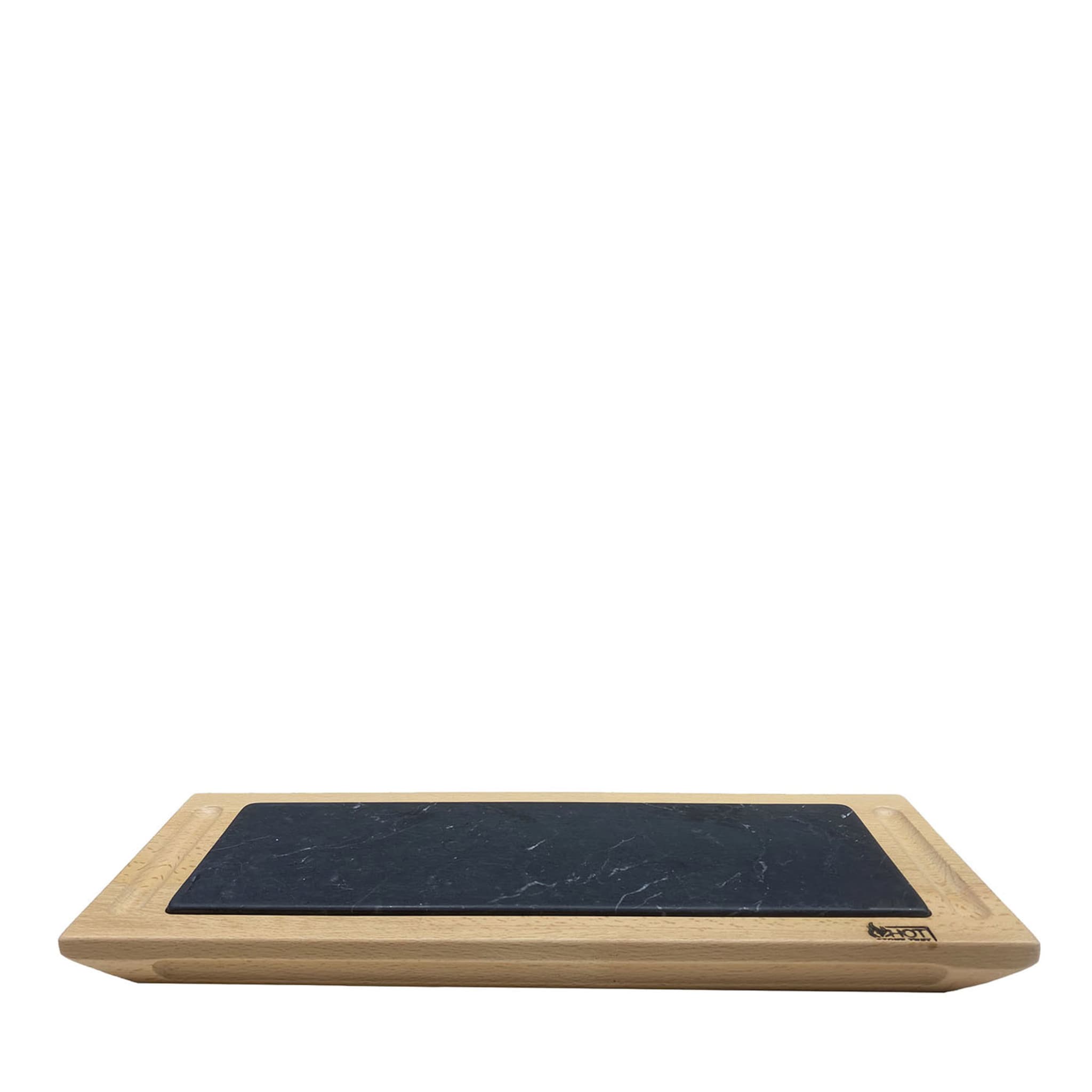 Flaches schwarzes Marquinia-Tablett mit Holzsockel - Hauptansicht