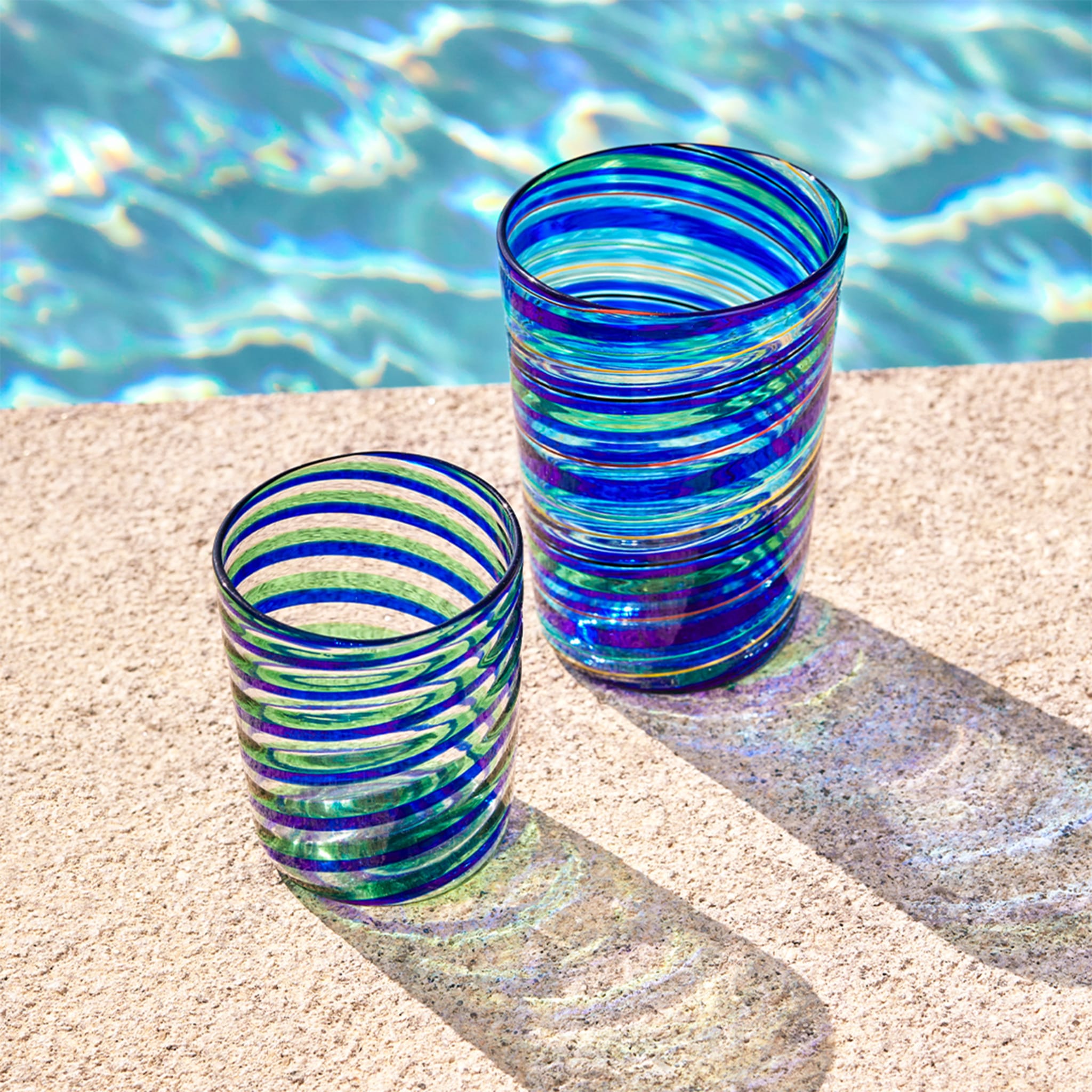 Rainbow Swirl Set of 2 Mouth-Blown Blue Water Tumblers  - Alternative view 2