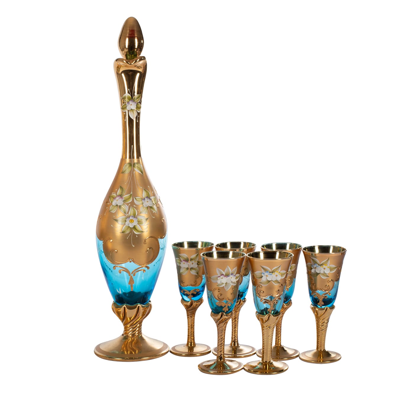 Tre Fuochi Light-Blue Floral Set of Pitcher and 6 Flutes - Officine di Murano 1295