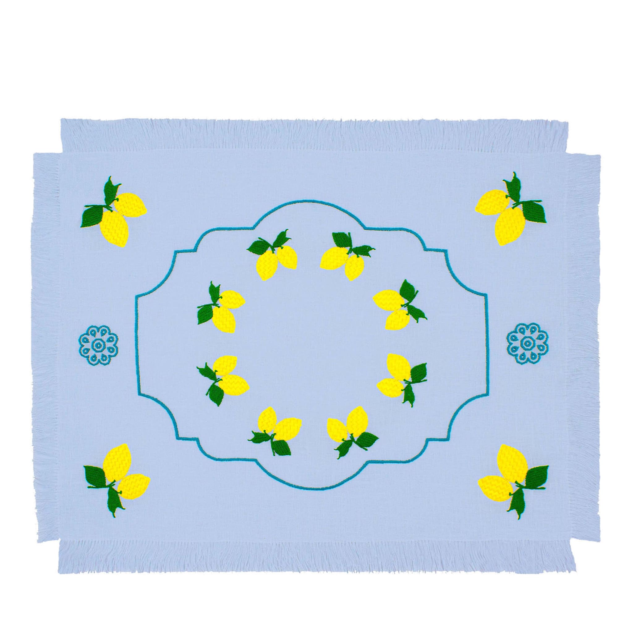 Limoni Set of 2 Embroidered Fringed Azure Table Mats - Main view