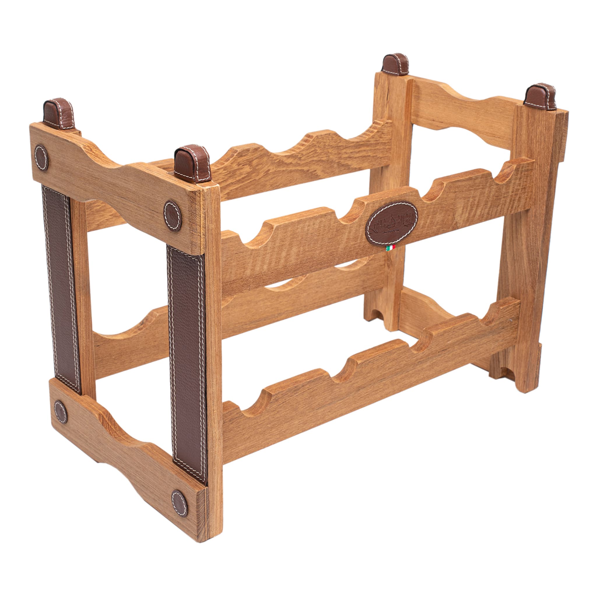 Teak Bottle Rack with Beige Eco-Leather Inserts - Main view