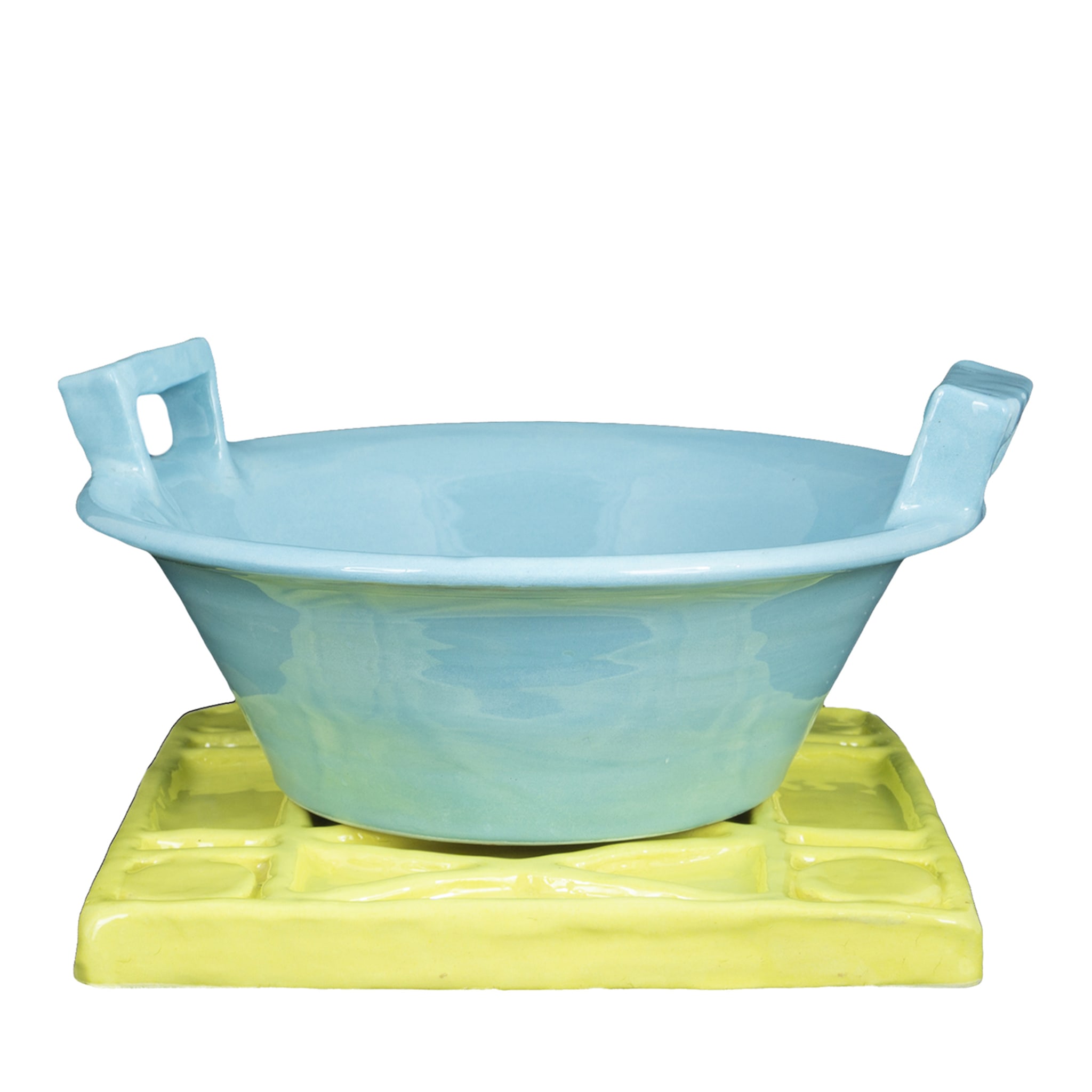 Cofana Set aus blauem Suppenteller und gelbem Platzteller - Hauptansicht