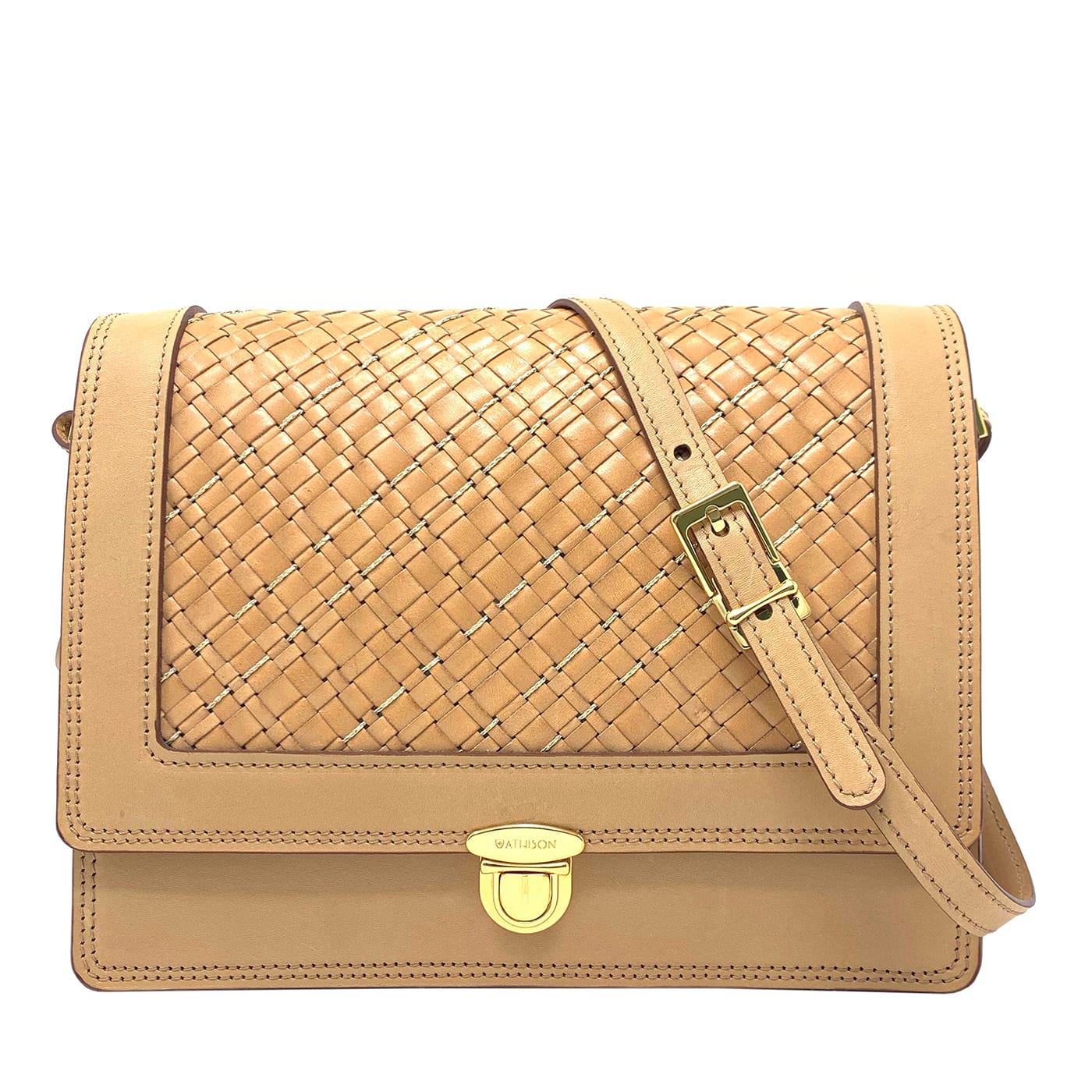Quadro Braided Leather and Copper Beige Crossbody Bag - Athison