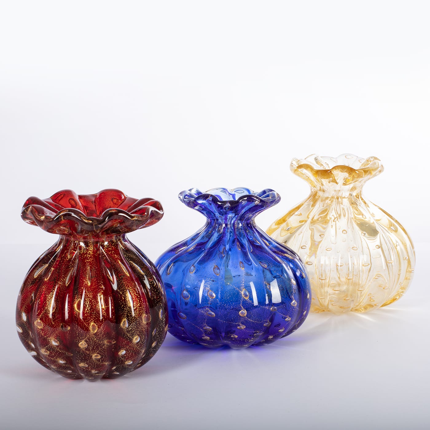 1950 Polychrome Set of 3 Vases with Gold Bubbles - Officine di Murano 1295