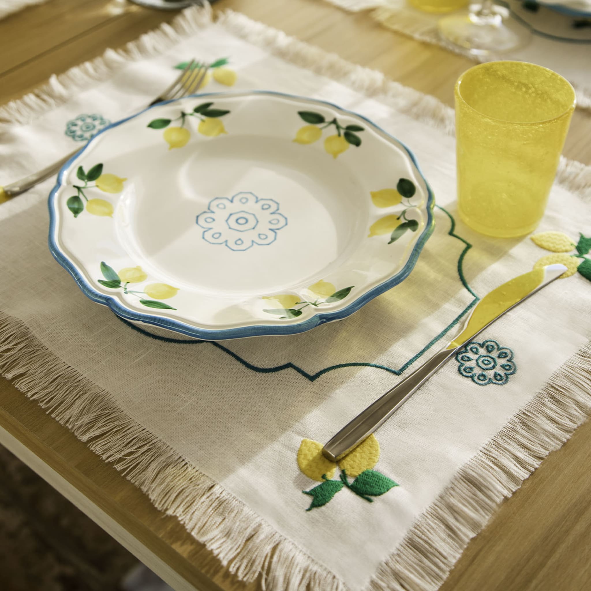 Limoni Set of 2 Embroidered Fringed White Table Mats - Alternative view 1