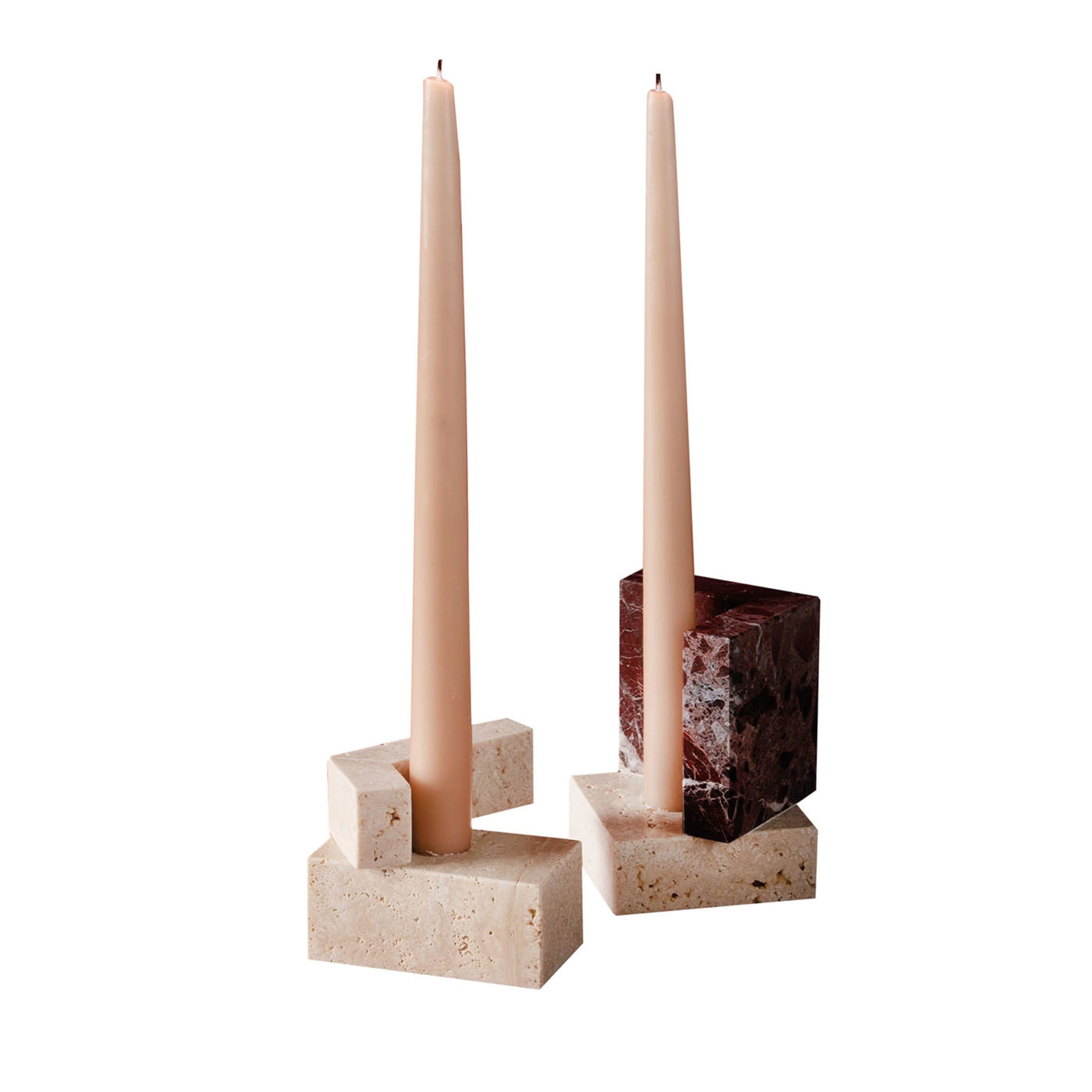 Set of 2 Travertino and Red Marble Block Candle Holders - Main view