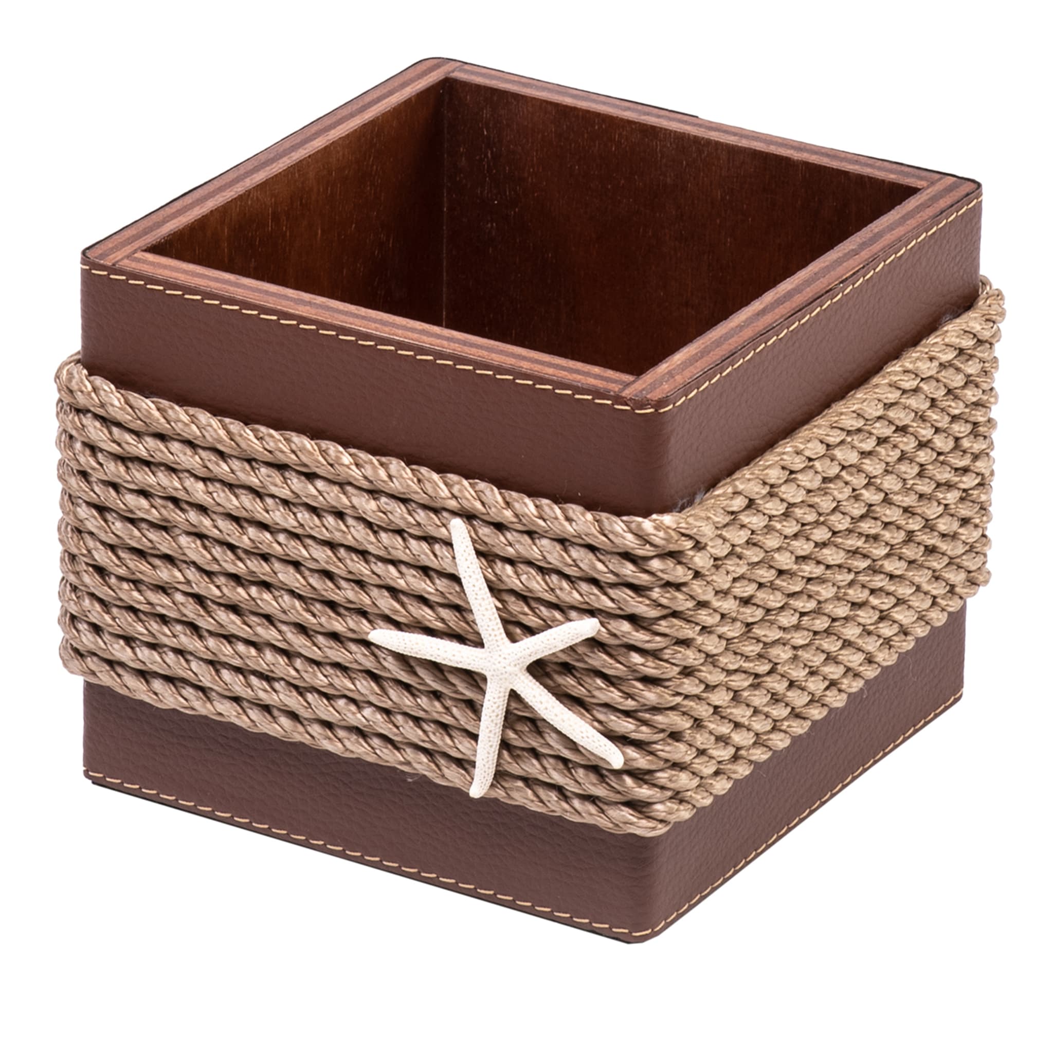 Caja de madera con inserciones de cuero ecológico beige y cuerda - Vista principal