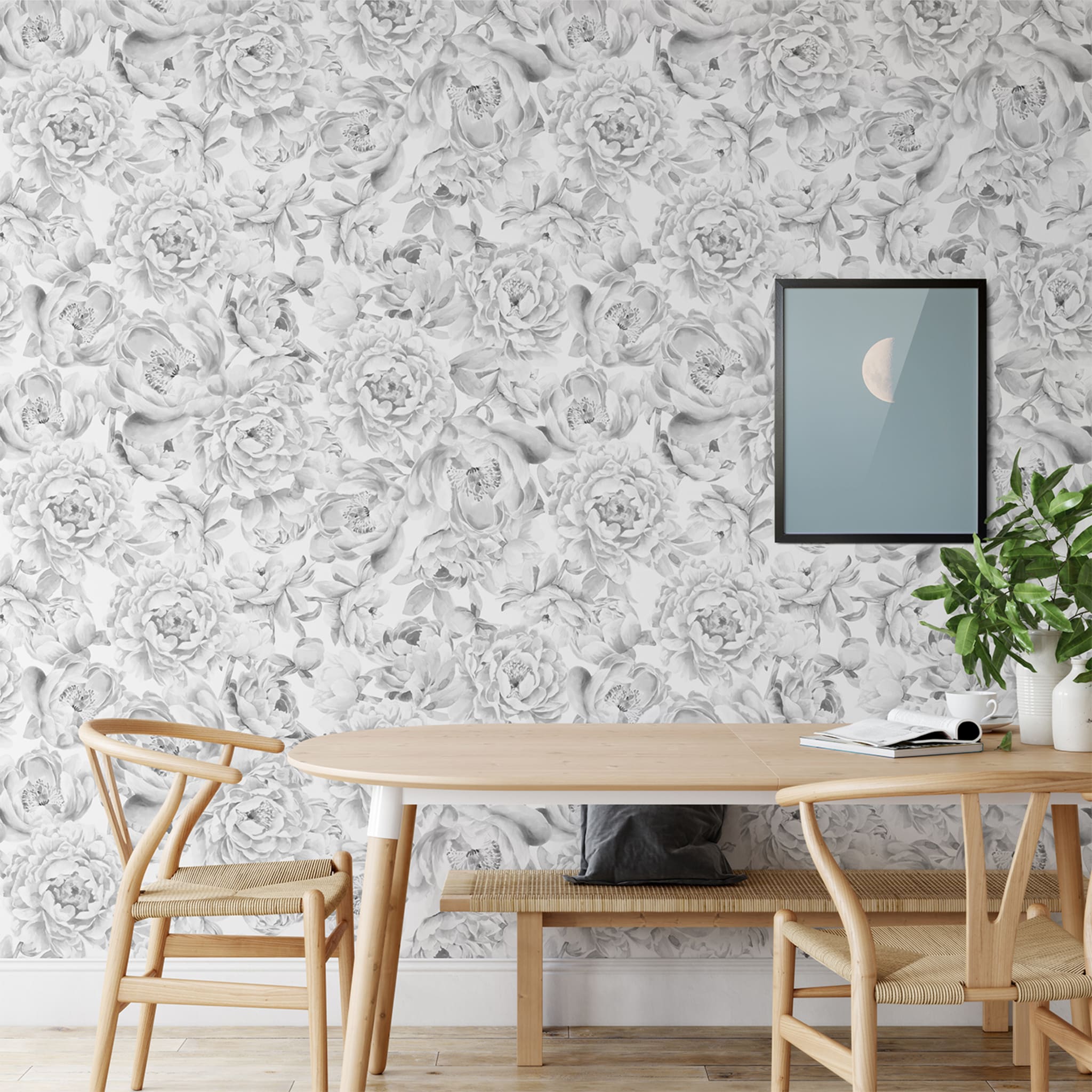 Black and White Monochromatic Floral Peony Wallpaper - Alternative view 5