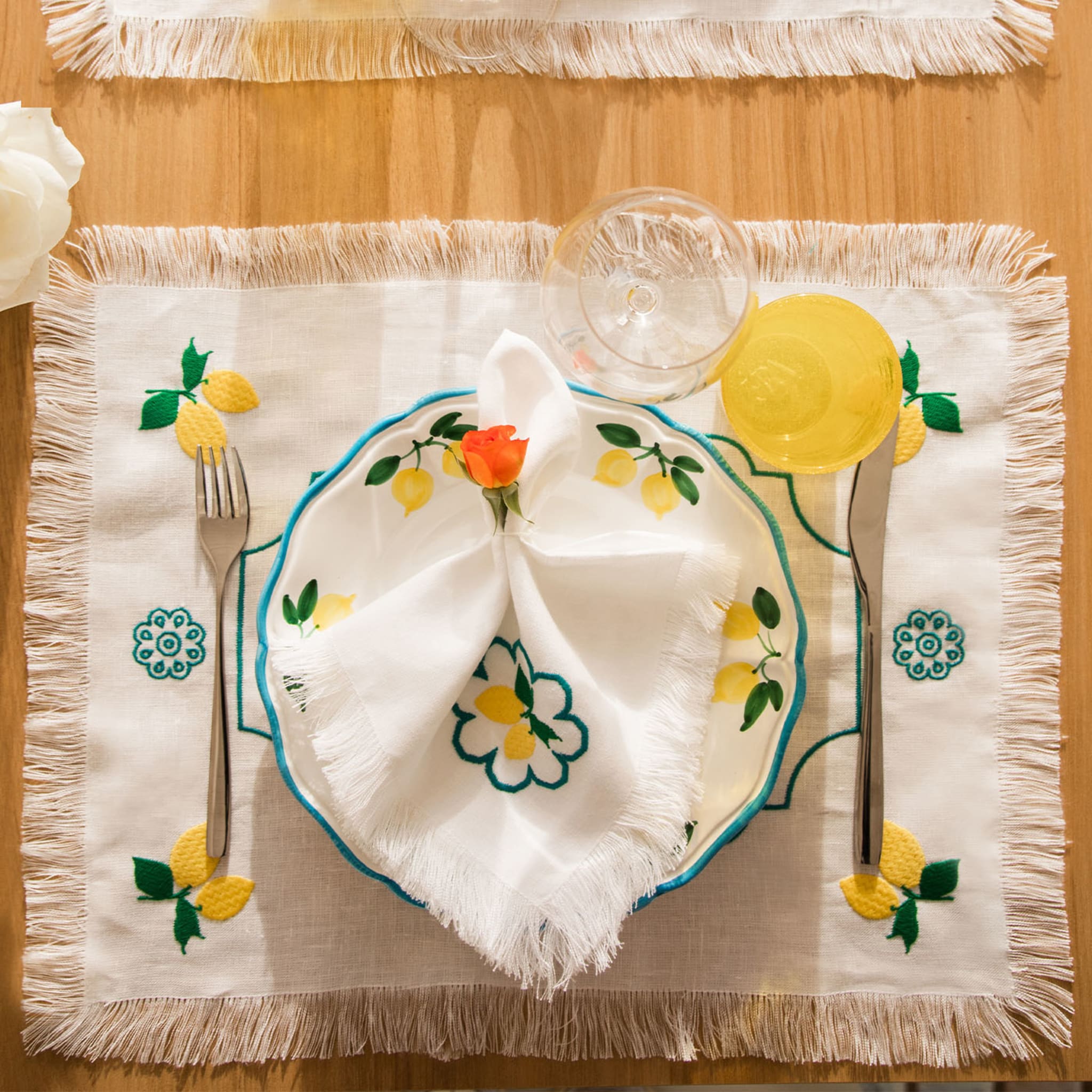Limoni Set of 2 Embroidered Fringed White Table Mats - Alternative view 2