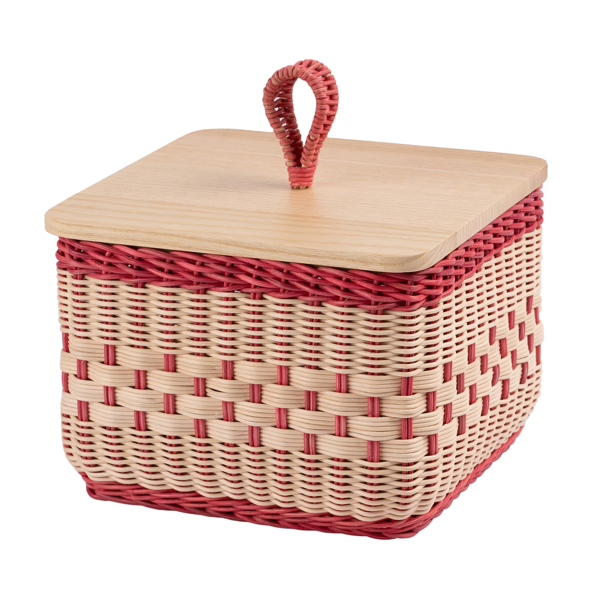 Coralia Square Pink and Natural Wicker Box with Wood Lid - Main view