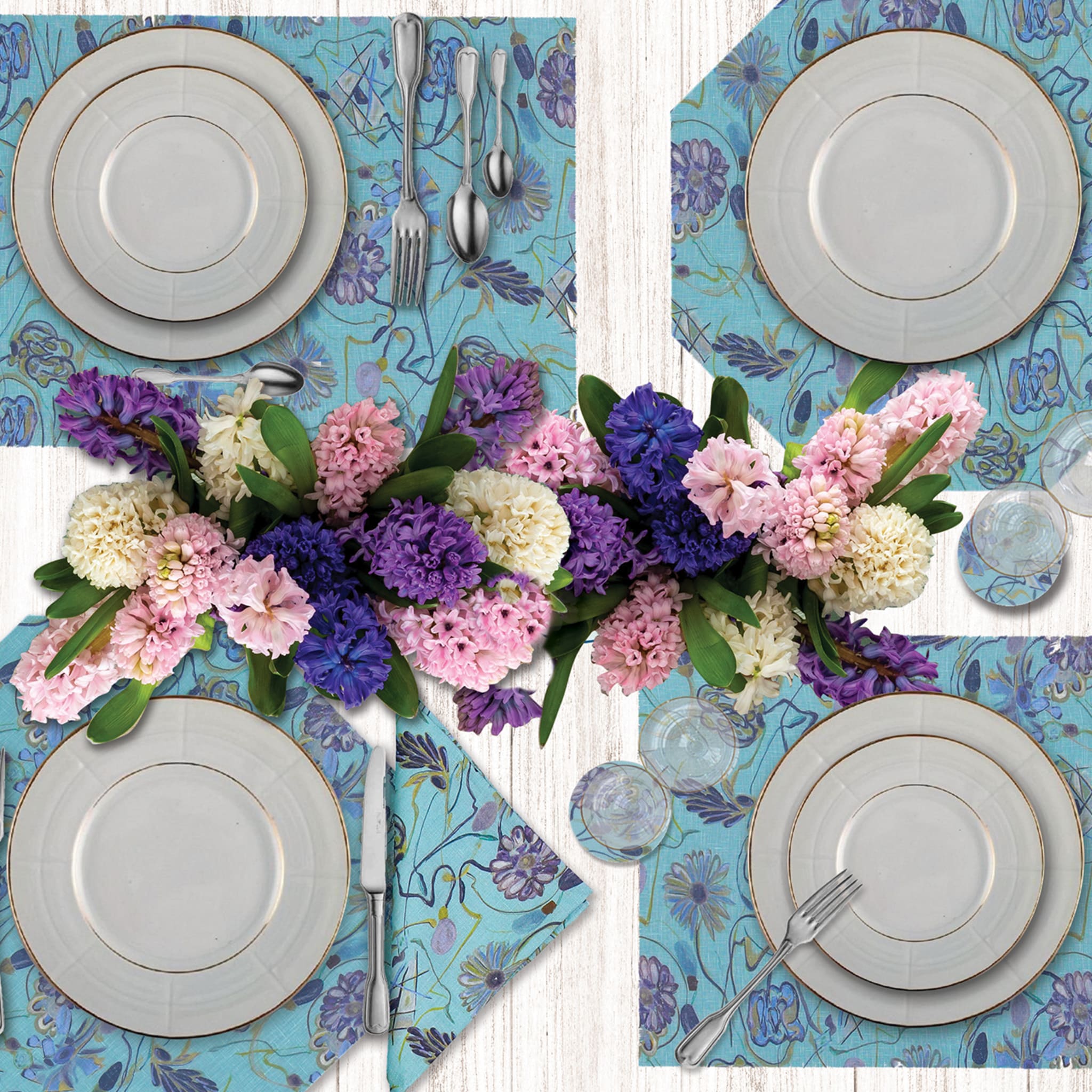 Bouquet Set of 2 Octagonal Lightblue Coated Placemats and Napkins - Alternative view 1