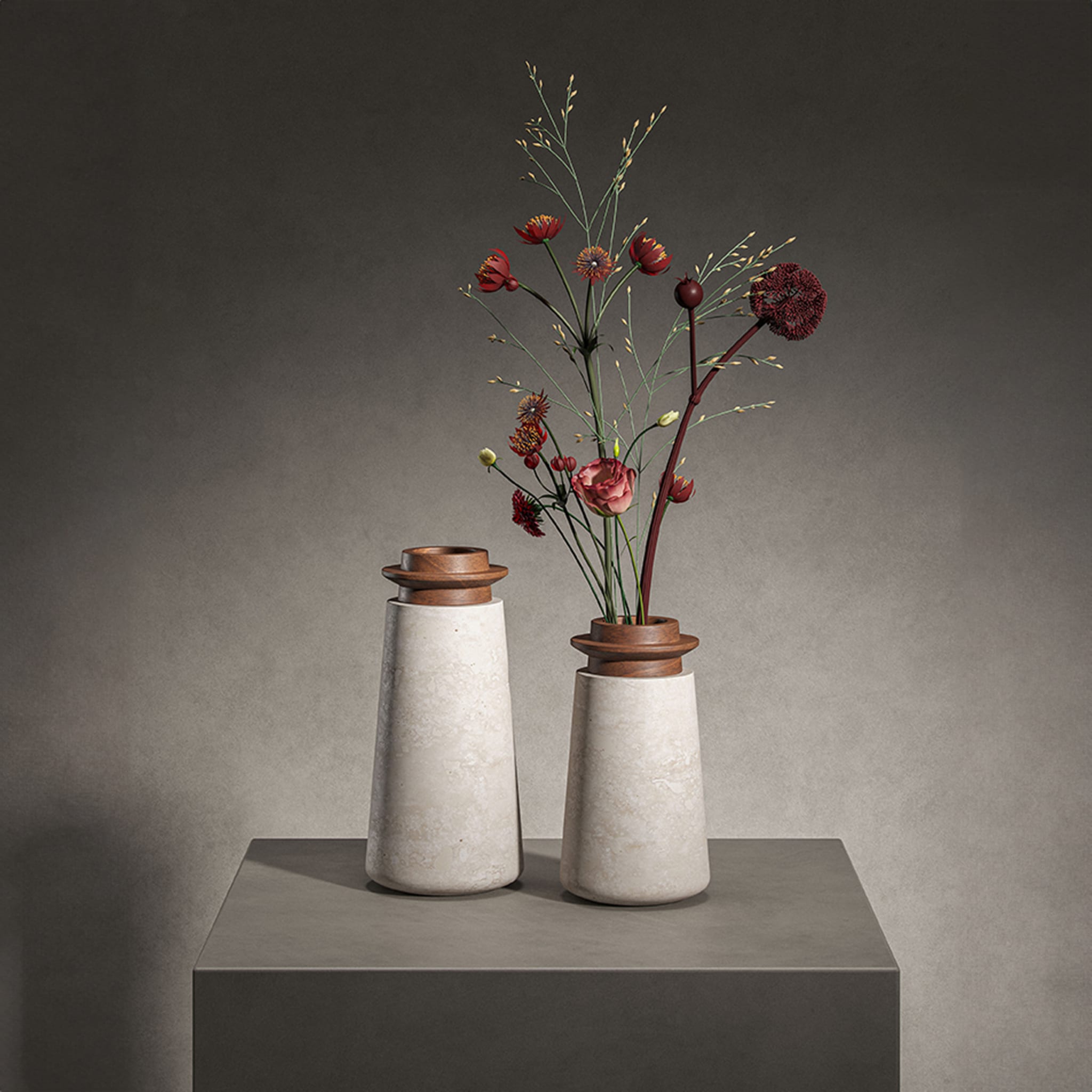 Tivoli Large Vase in travertine and walnut by Ivan Colominas - Alternative view 3