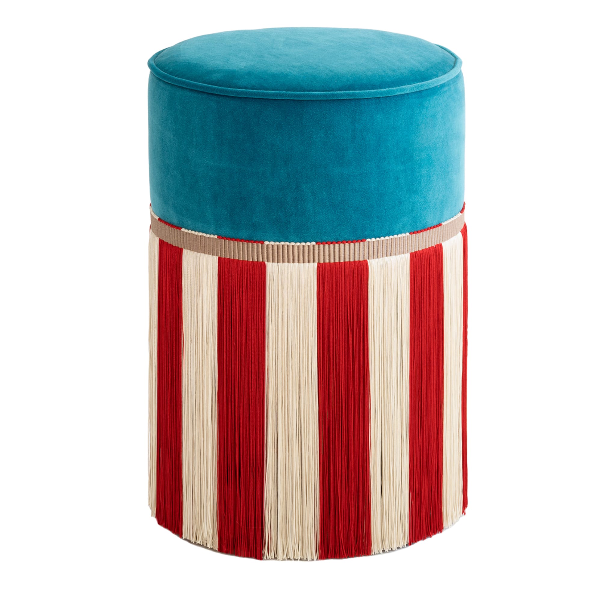 Couture Geometric Riga Small Light-Blue &amp; Red Ottoman (Petit pouf bleu clair et rouge) - Vue principale