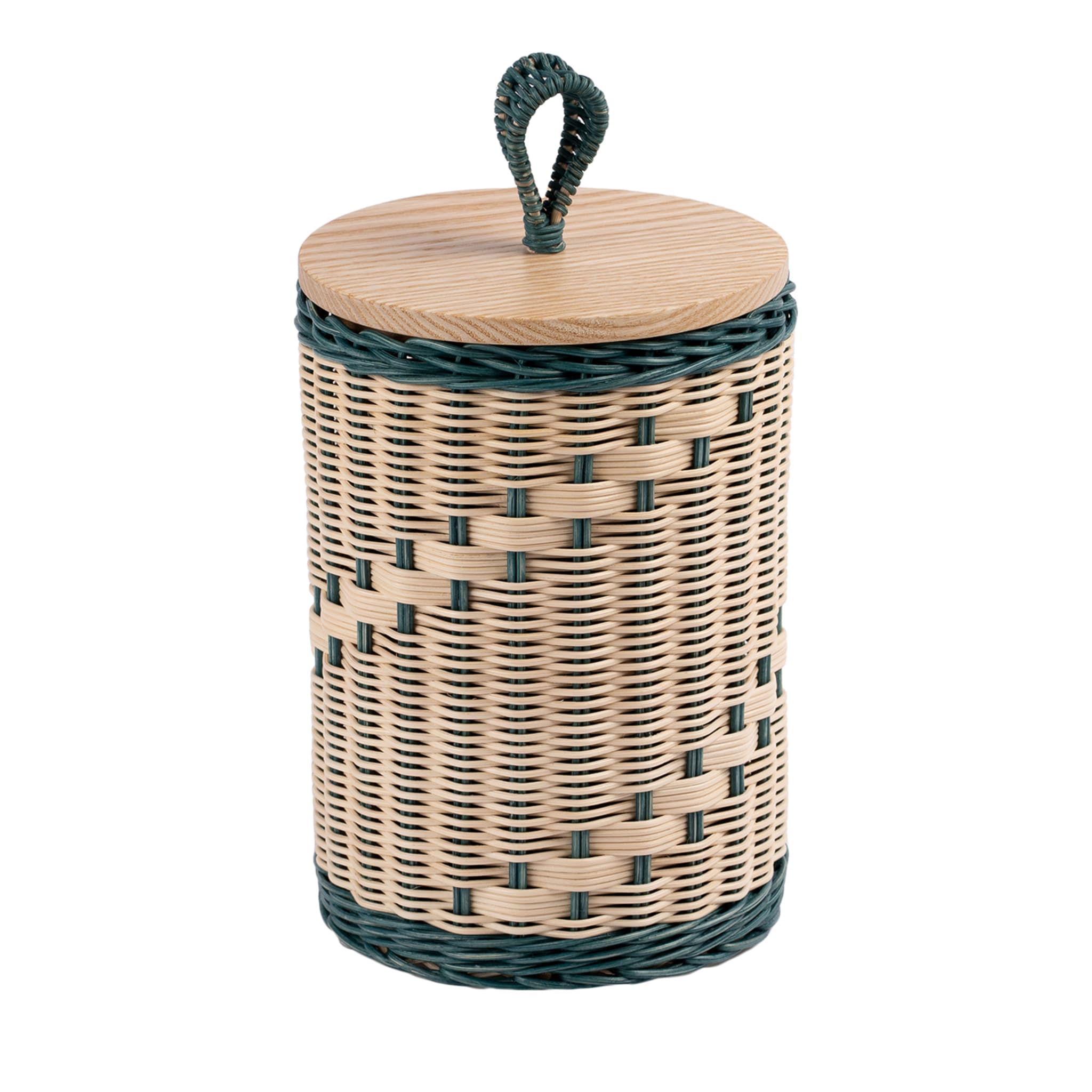 Goccia Tall Blue and Natural Wicker Jar with Wood Lid - Main view