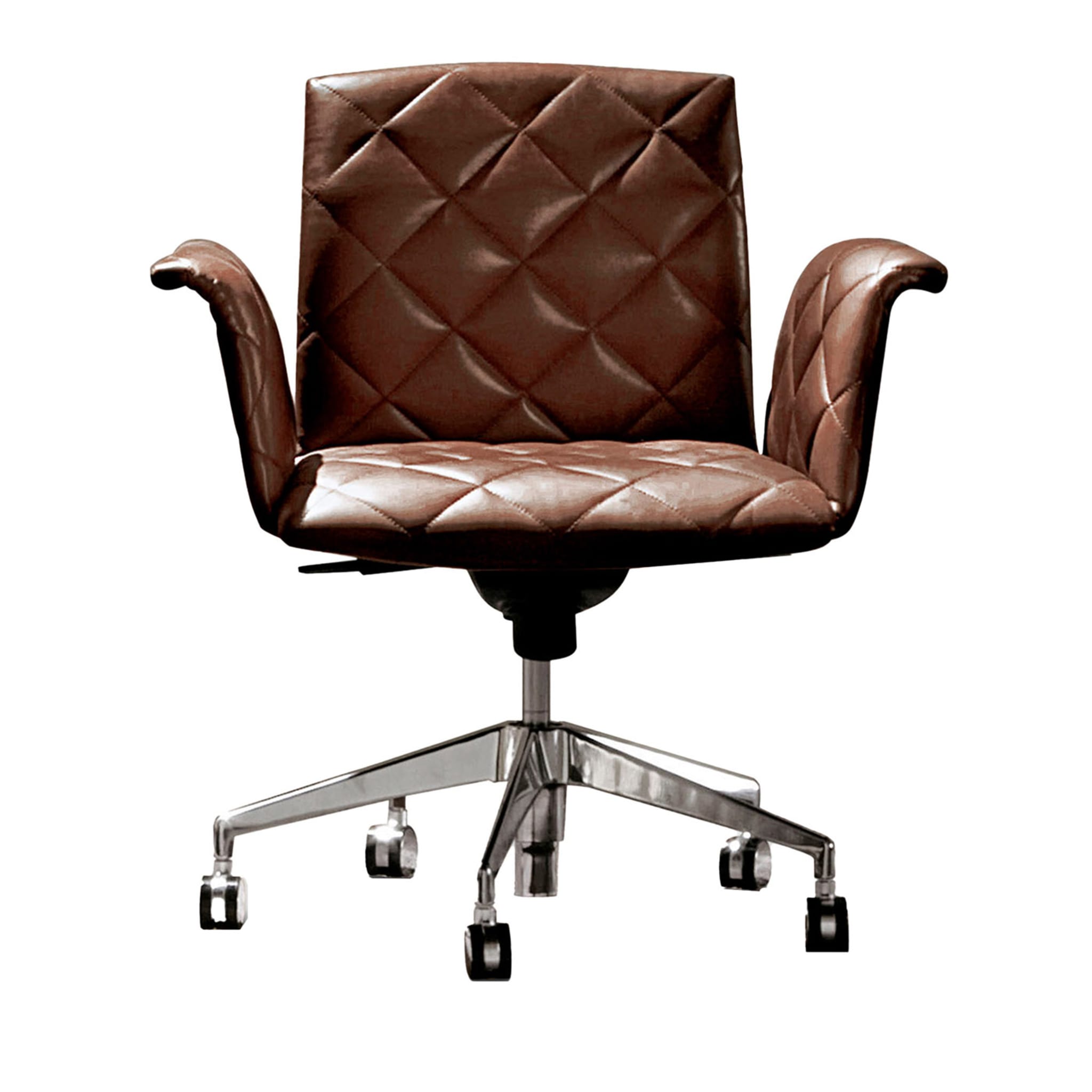 Vogue Quilted Brown Leather Swivel Armchair with Castors - Main view