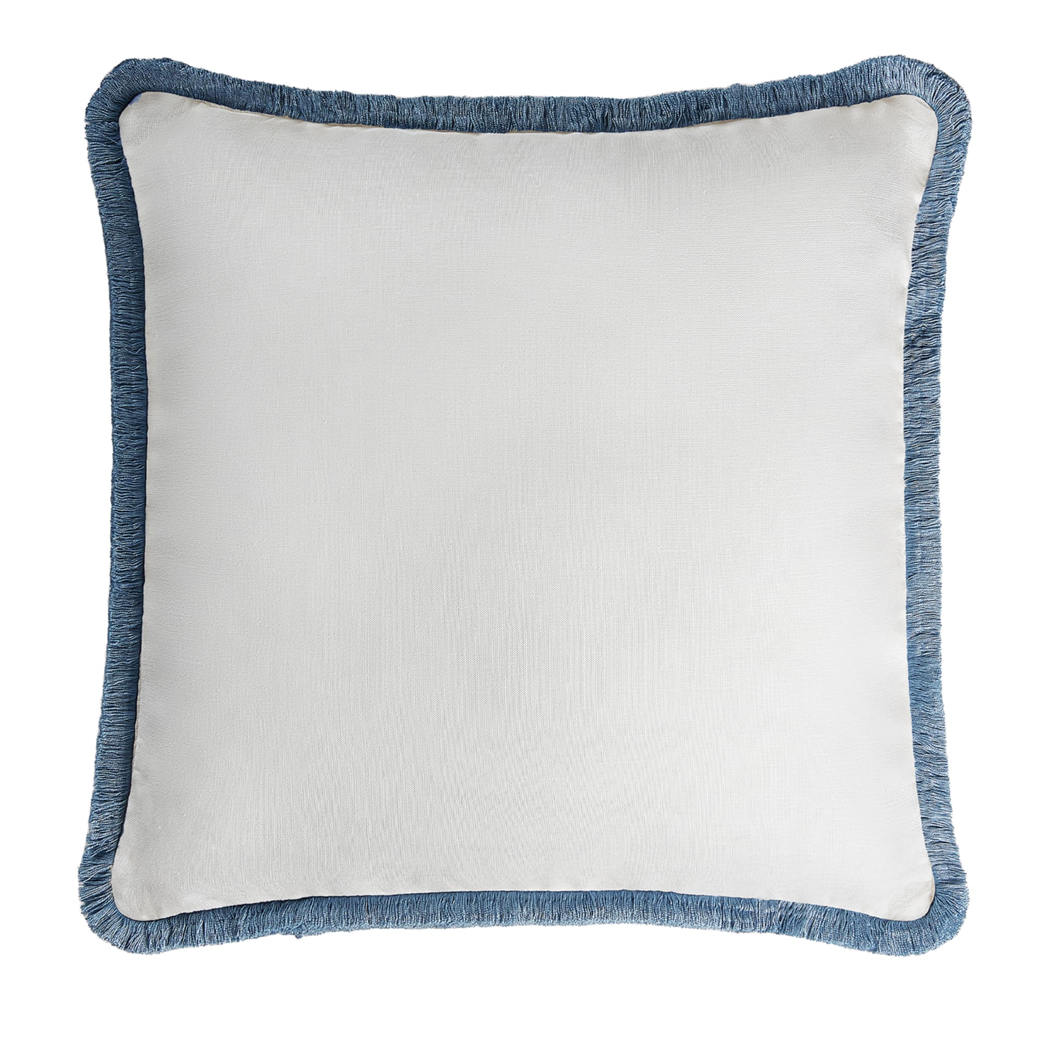 White With Light Blue Fringes Happy Linen Cushion - Main view