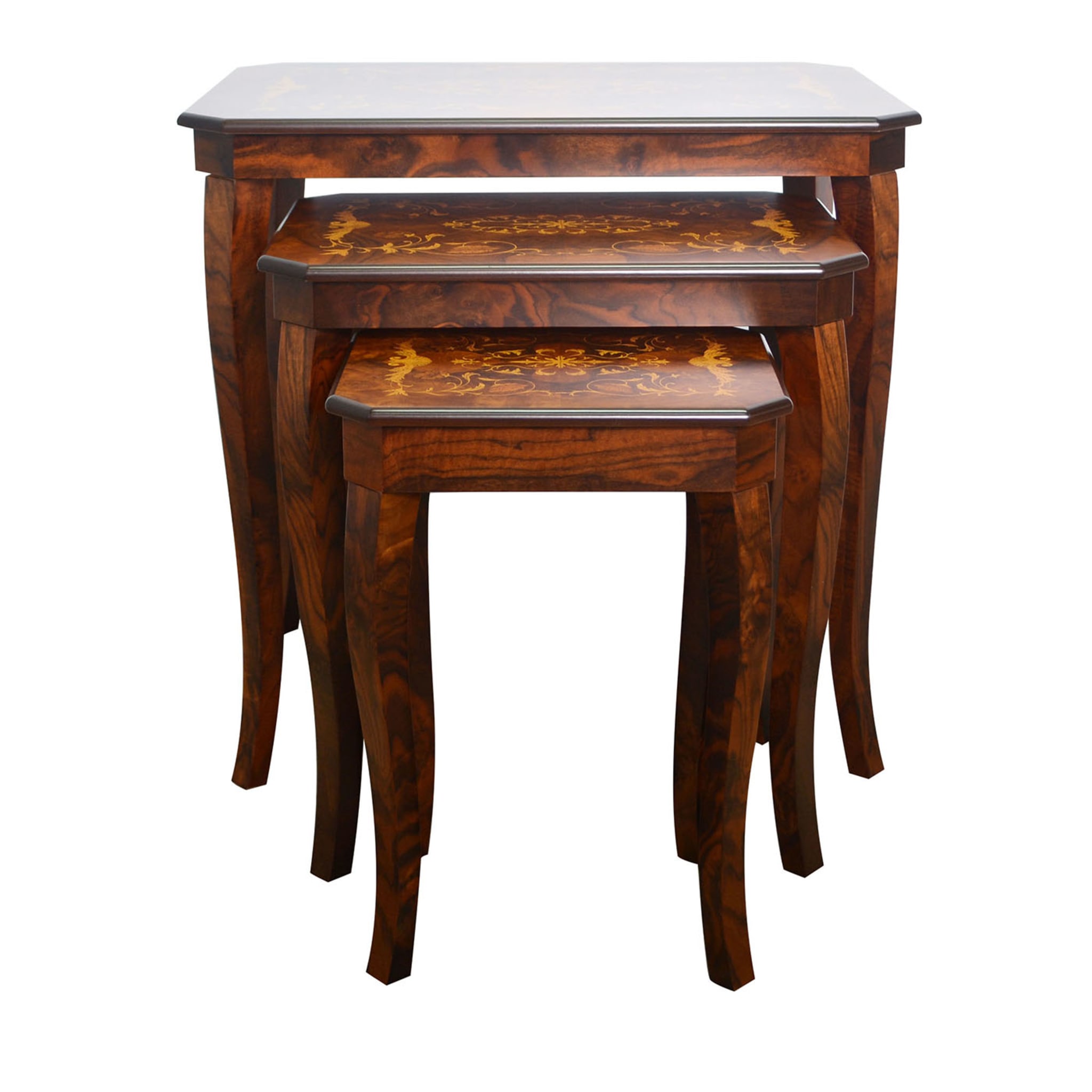 Set of 3 Musical Floral Walnut Briar Nesting Tables #1 - Main view