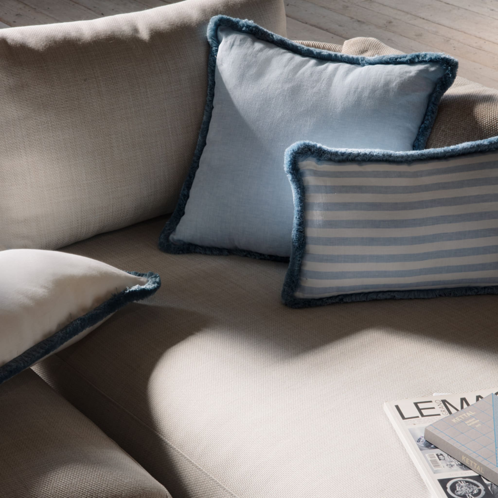 White With Light Blue Fringes Happy Linen Cushion - Alternative view 1