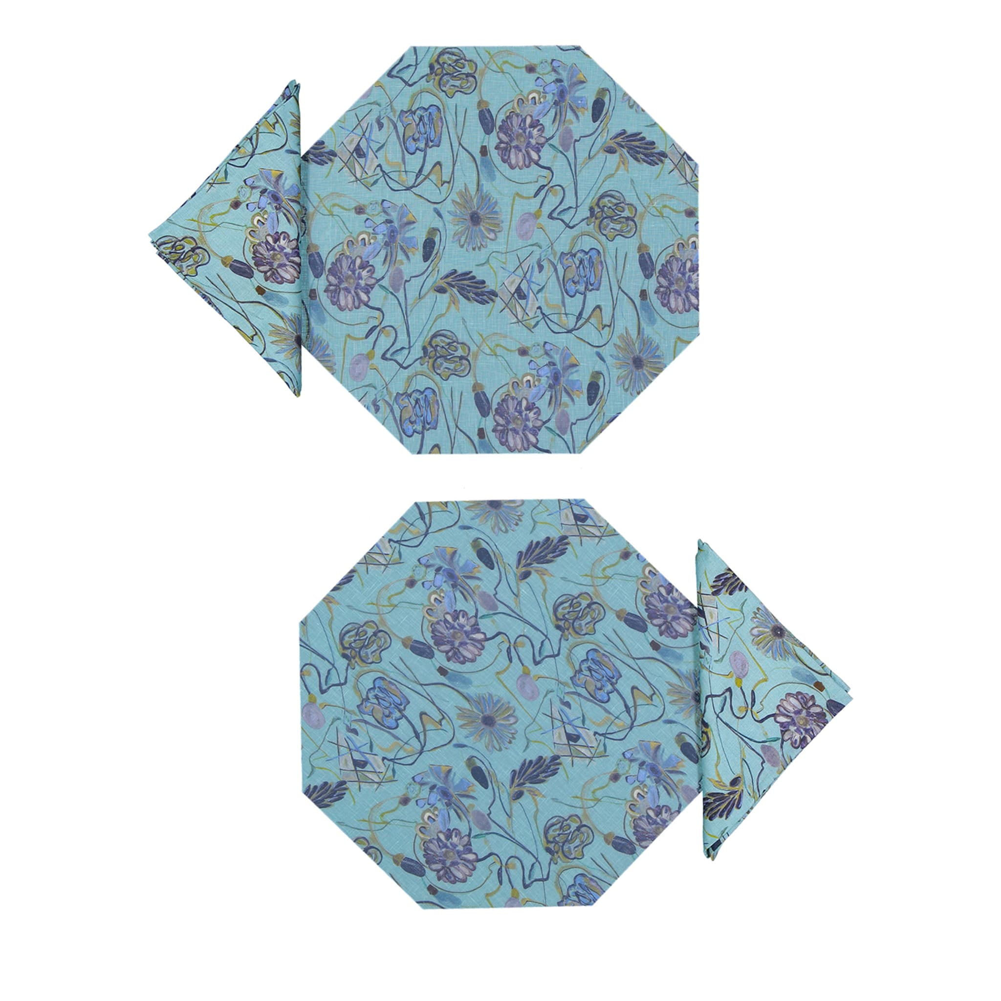 Lot de 2 sets de table et serviettes octogonaux enduits bleu clair Bouquet - Vue principale