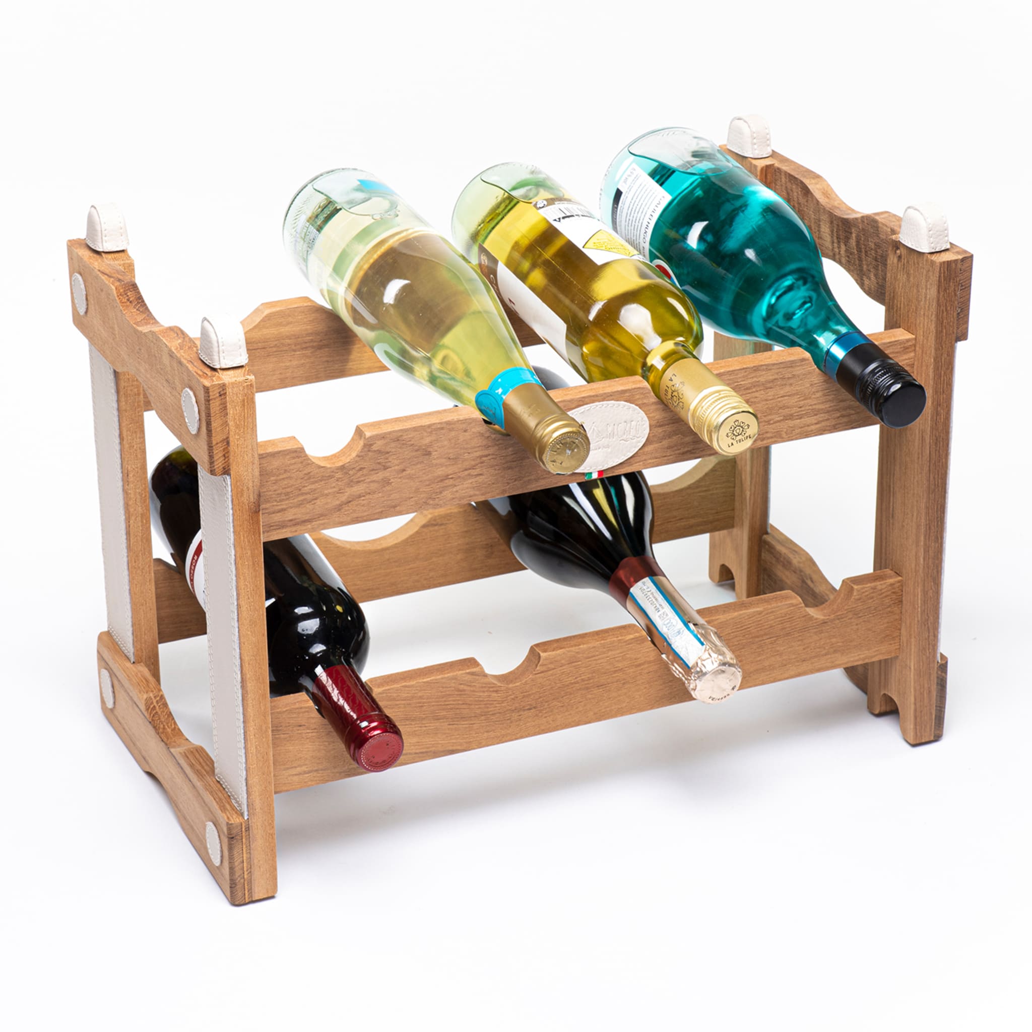 Teak Bottle Rack with Cream Eco-Leather Inserts - Alternative view 1
