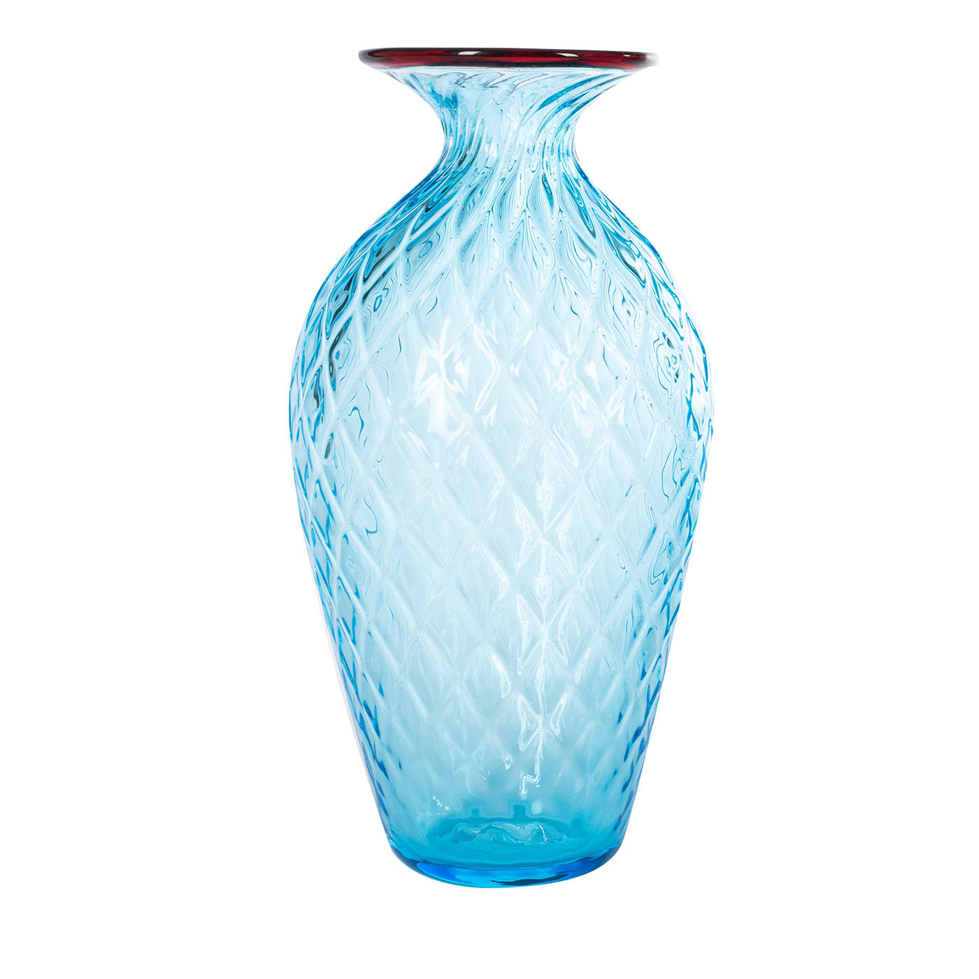 1950 Large Balloton Light-Blue Vase with Burgundy Rim - Officine di Murano 1295