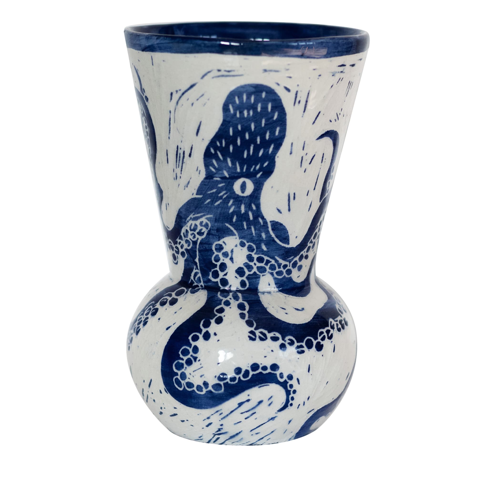 Vaso in ceramica bianca e blu di Polpo - Vista principale