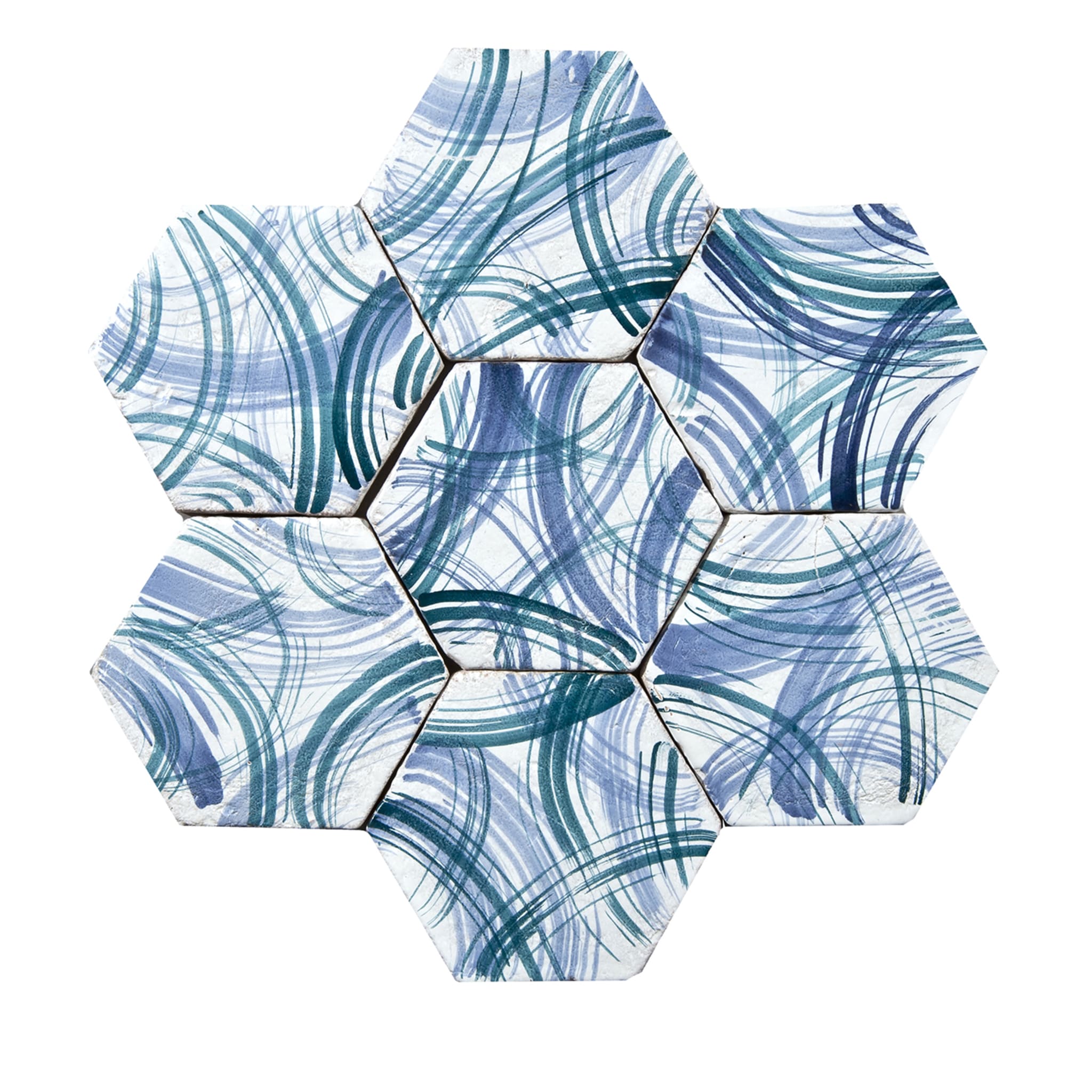 Panneau de 7 carreaux hexagonaux bleu et blanc d'Arcobaleni - Vue principale