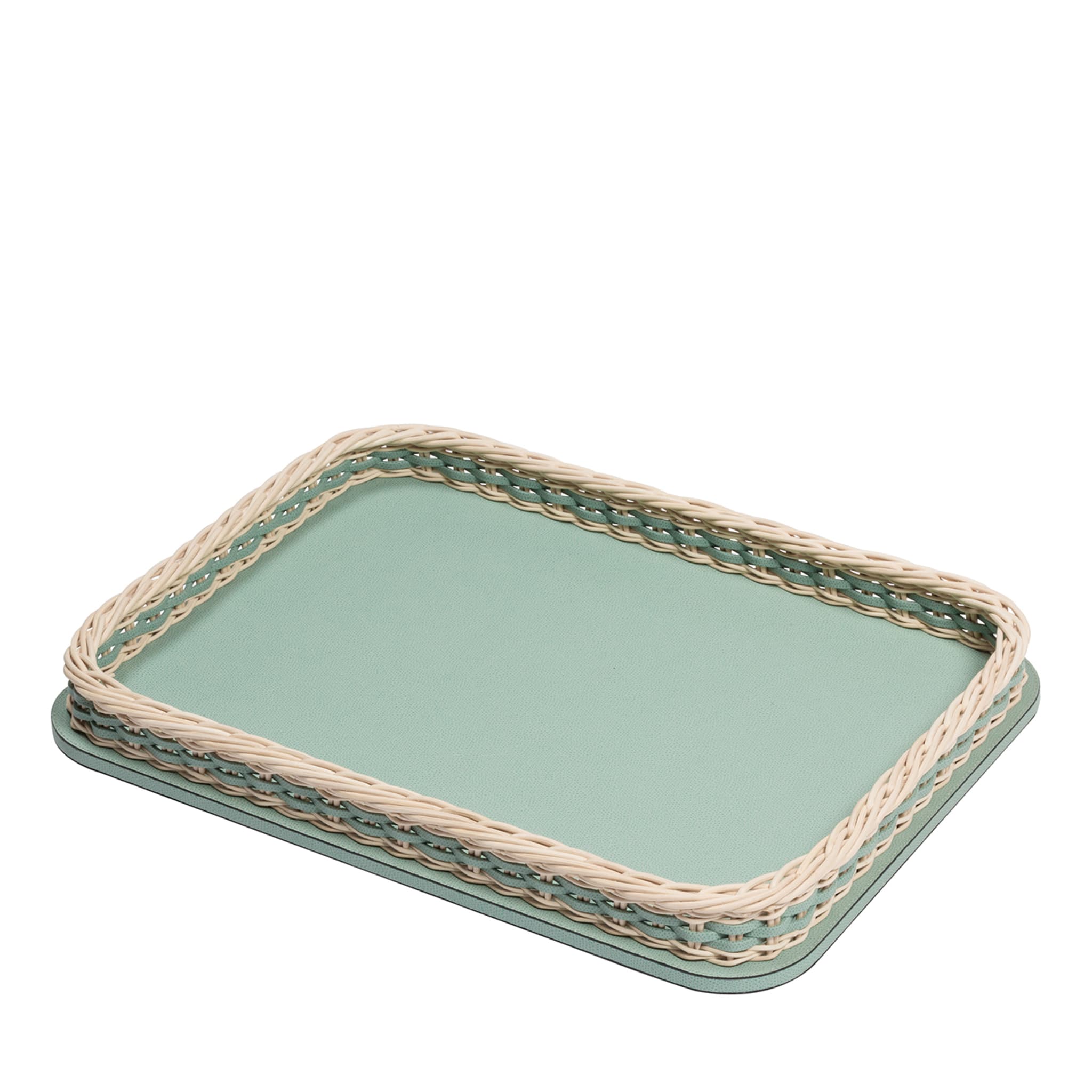 Orsay Green Leather and Rattan Rectangular Large Tray - Main view