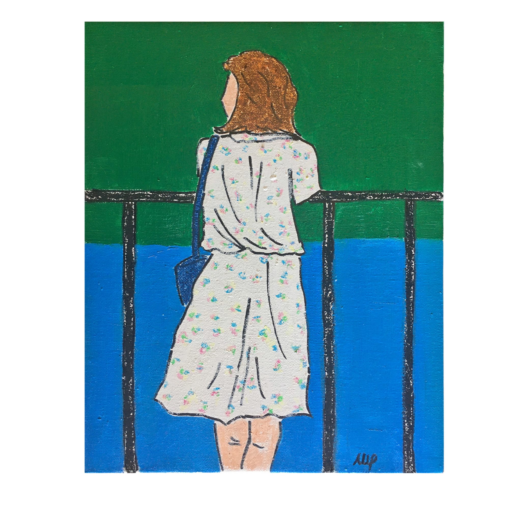 Peinture d'une fille au sac bleu - Vue principale