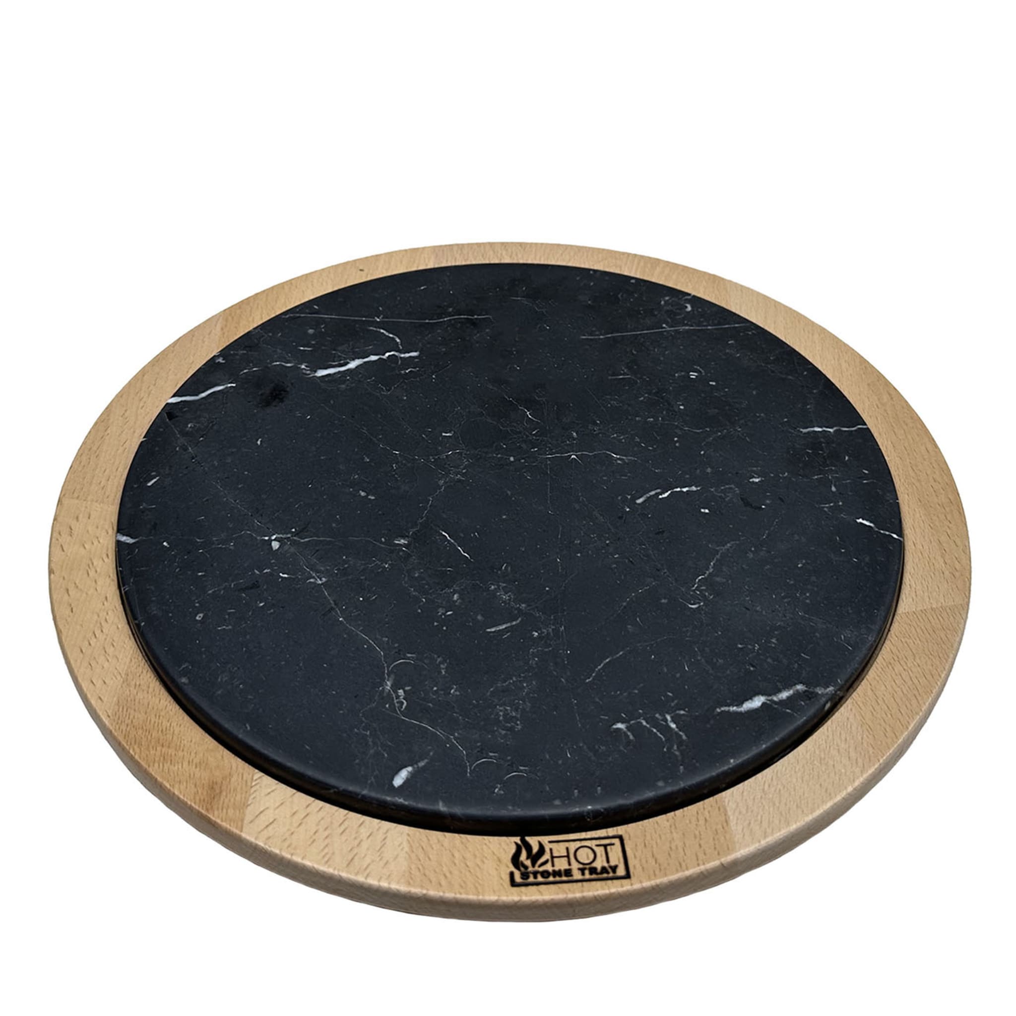 Rundes kleines schwarzes Marquinia-Tablett mit Holzsockel - Hauptansicht