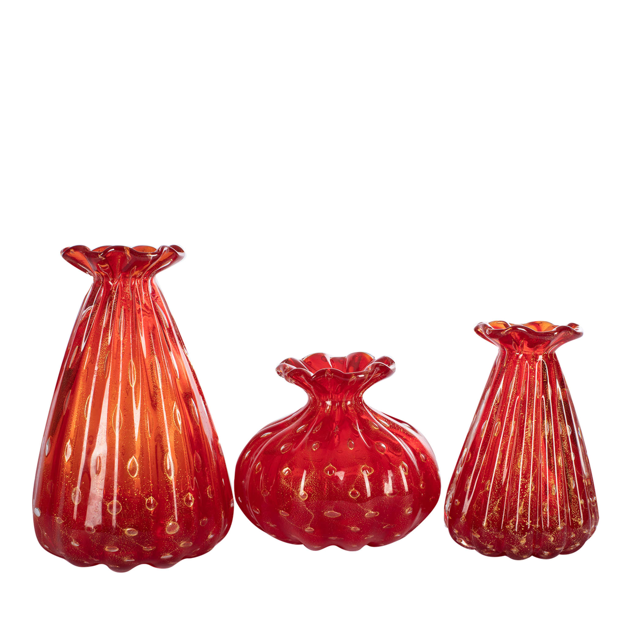 1950 Set of 3 Ruby-Red Vases with Gold Bubbles - Main view
