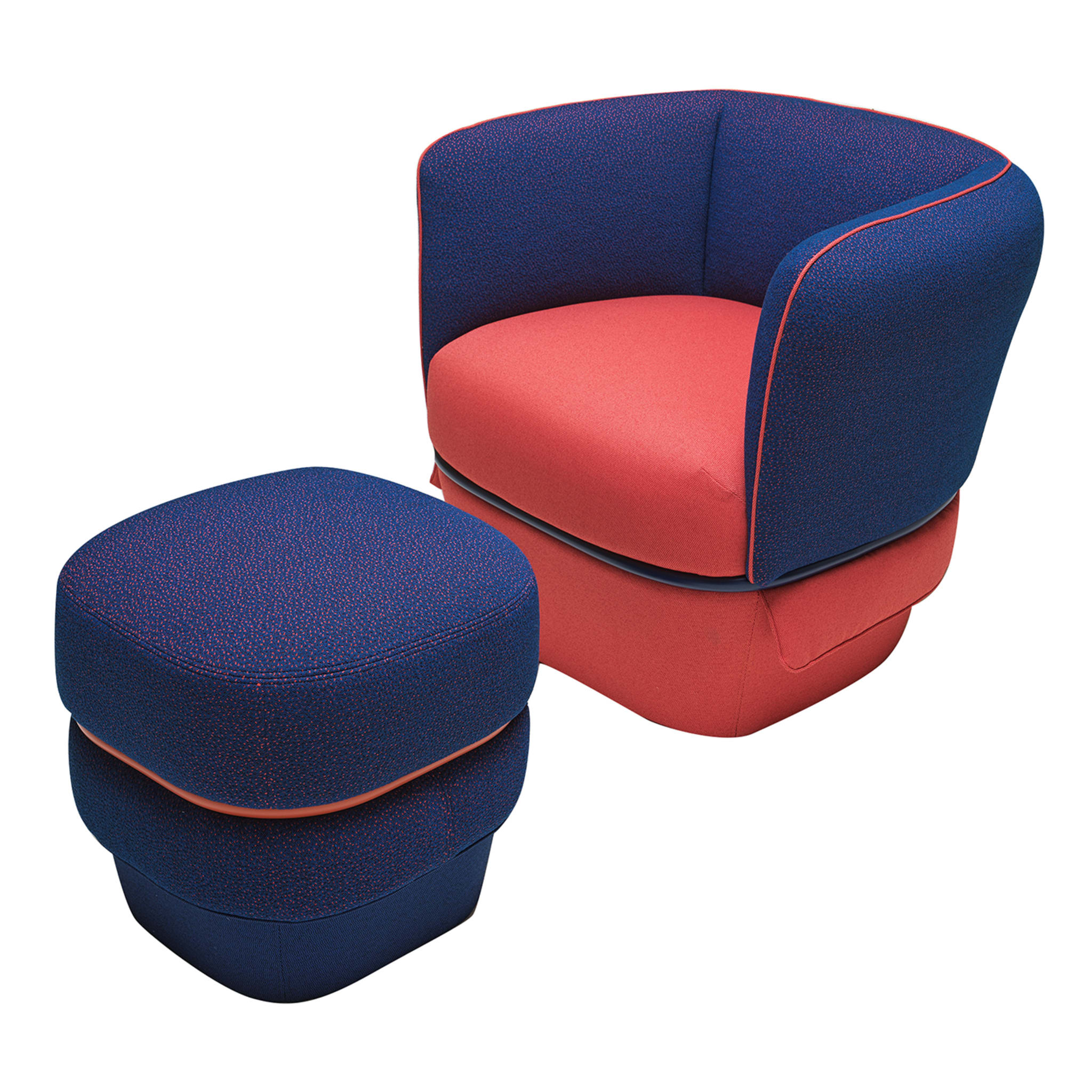 Ensemble de chemises, fauteuil et pouf rouge et bleu par Studio LI_DO - Vue principale