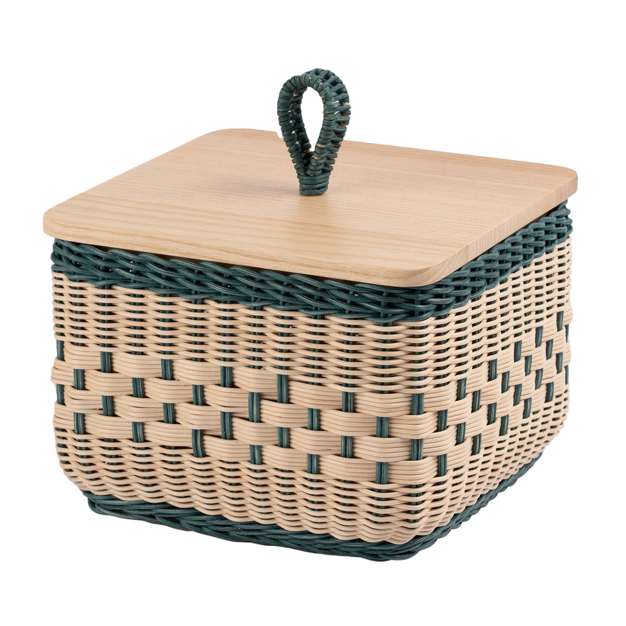 Coralia Square Blue and Natural Wicker Box with Wood Lid - Main view