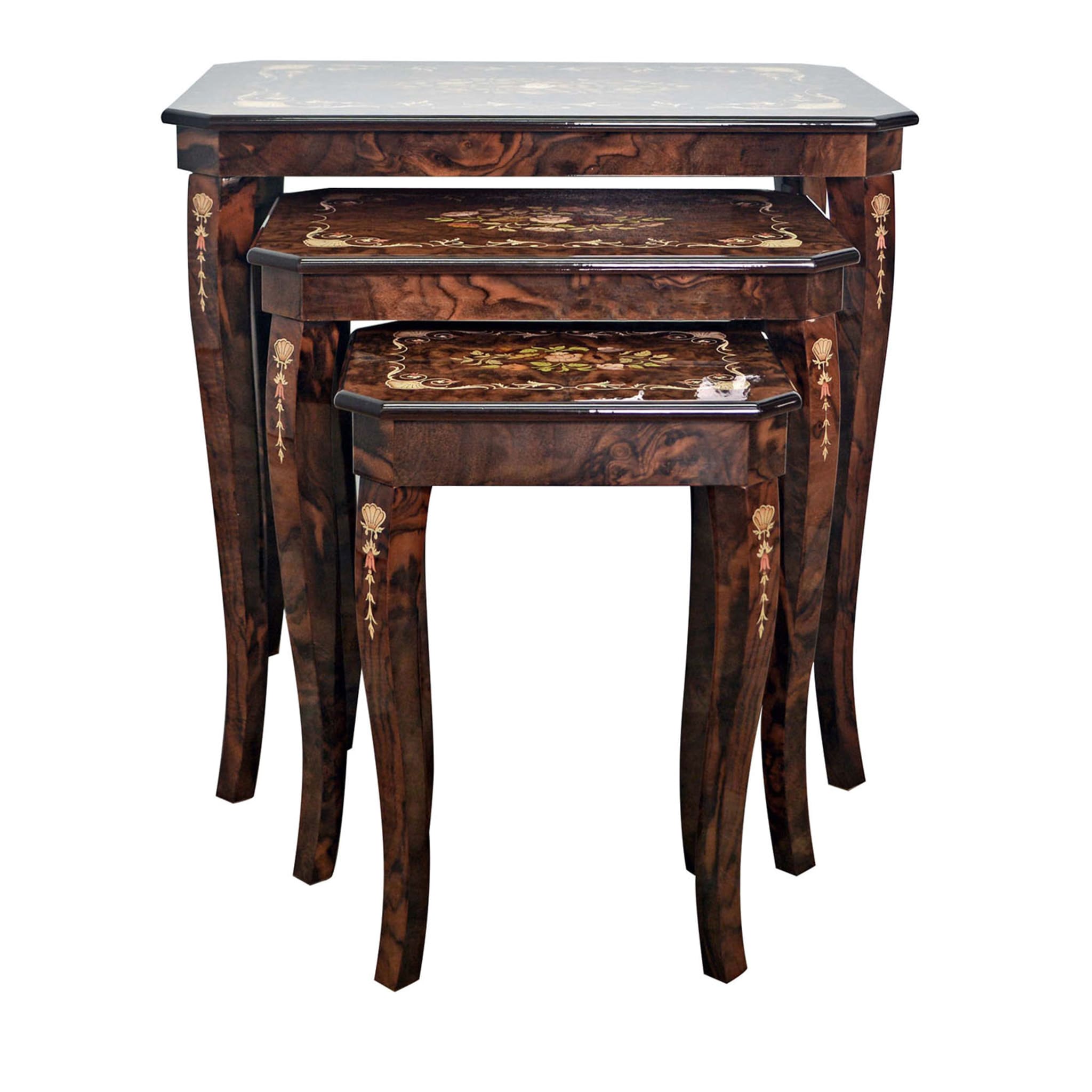 Set of 3 Musical Floral Walnut Briar Nesting Tables #2 - Main view