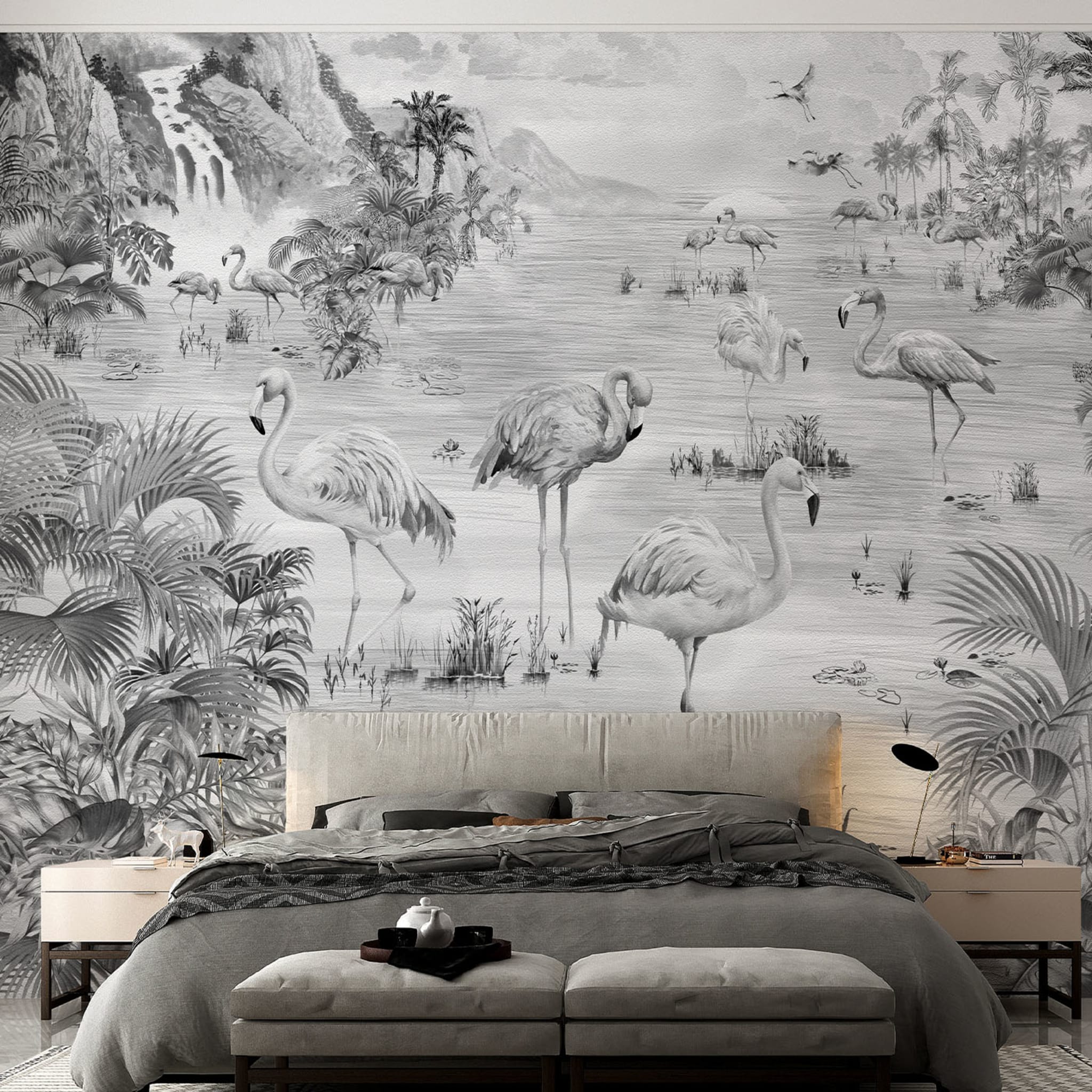 Flamingos Gray Handcrafted Textured Wallpaper - Alternative view 1