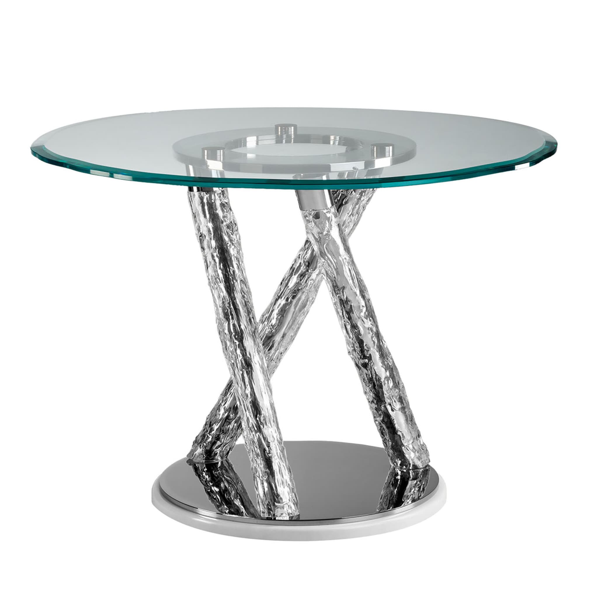 Table en verre avec plateau circulaire en verre et pieds torsadés - Vue principale