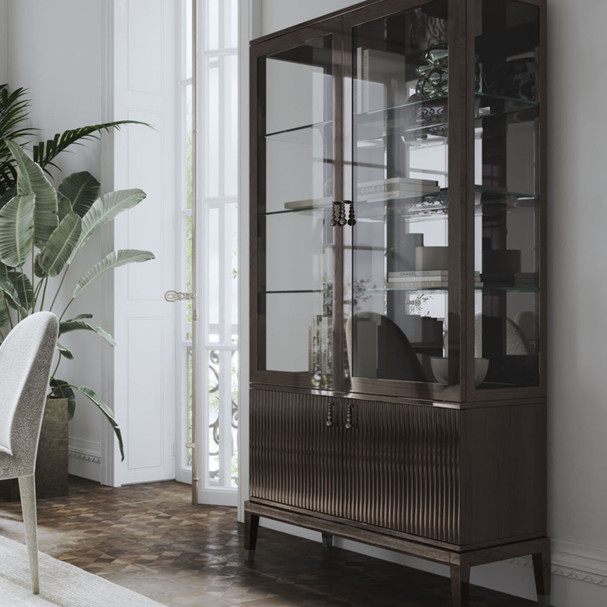 Italian Glossy Curio Cabinet In Dark Ebony Veneer With Glass  - Alternative view 1