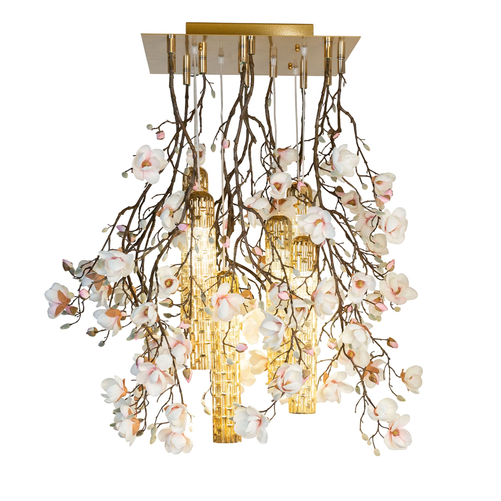 Flower Power Magnolia Square White and Gold Chandelier - Main view