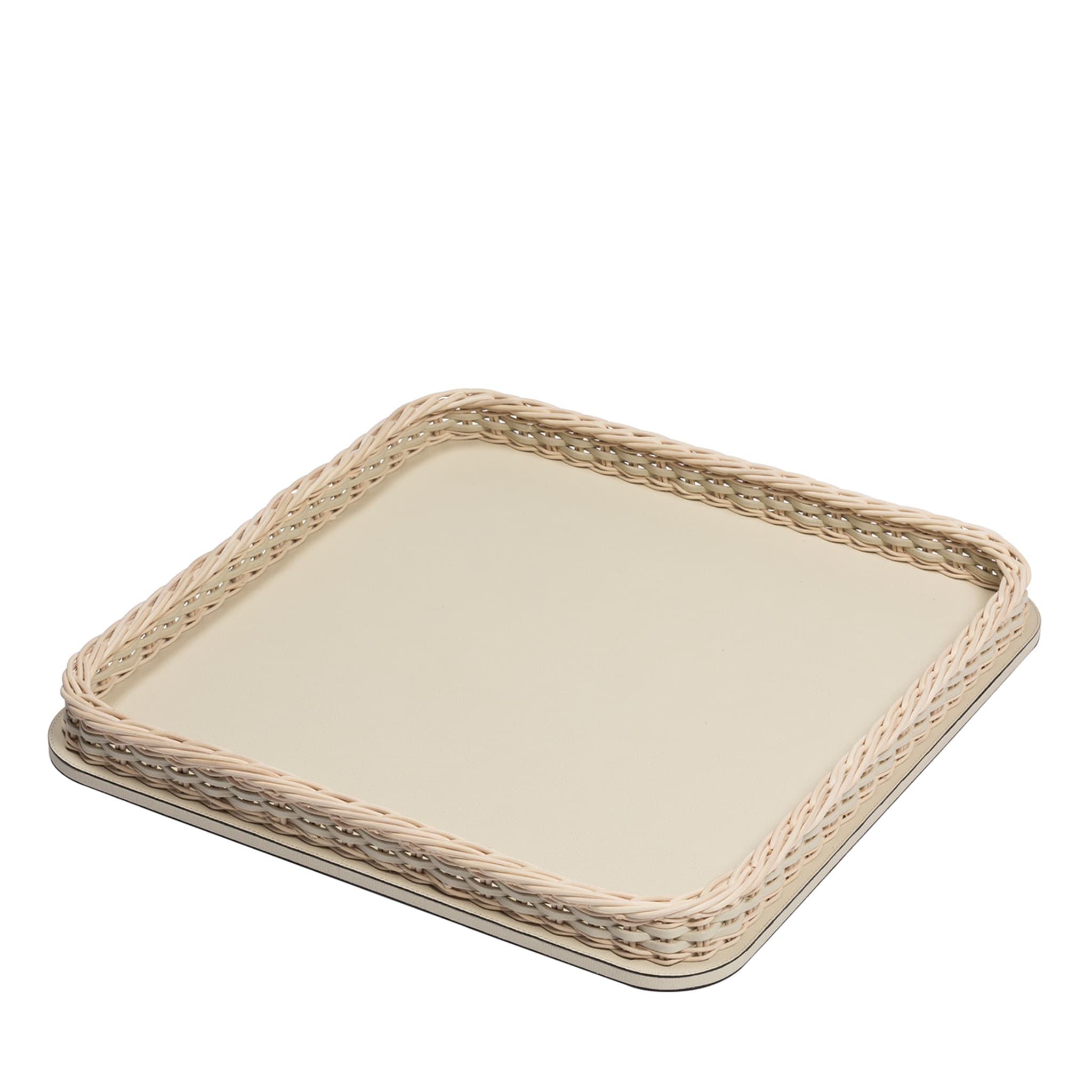 Orsay Beige Leather and Rattan Square Large Tray - Main view