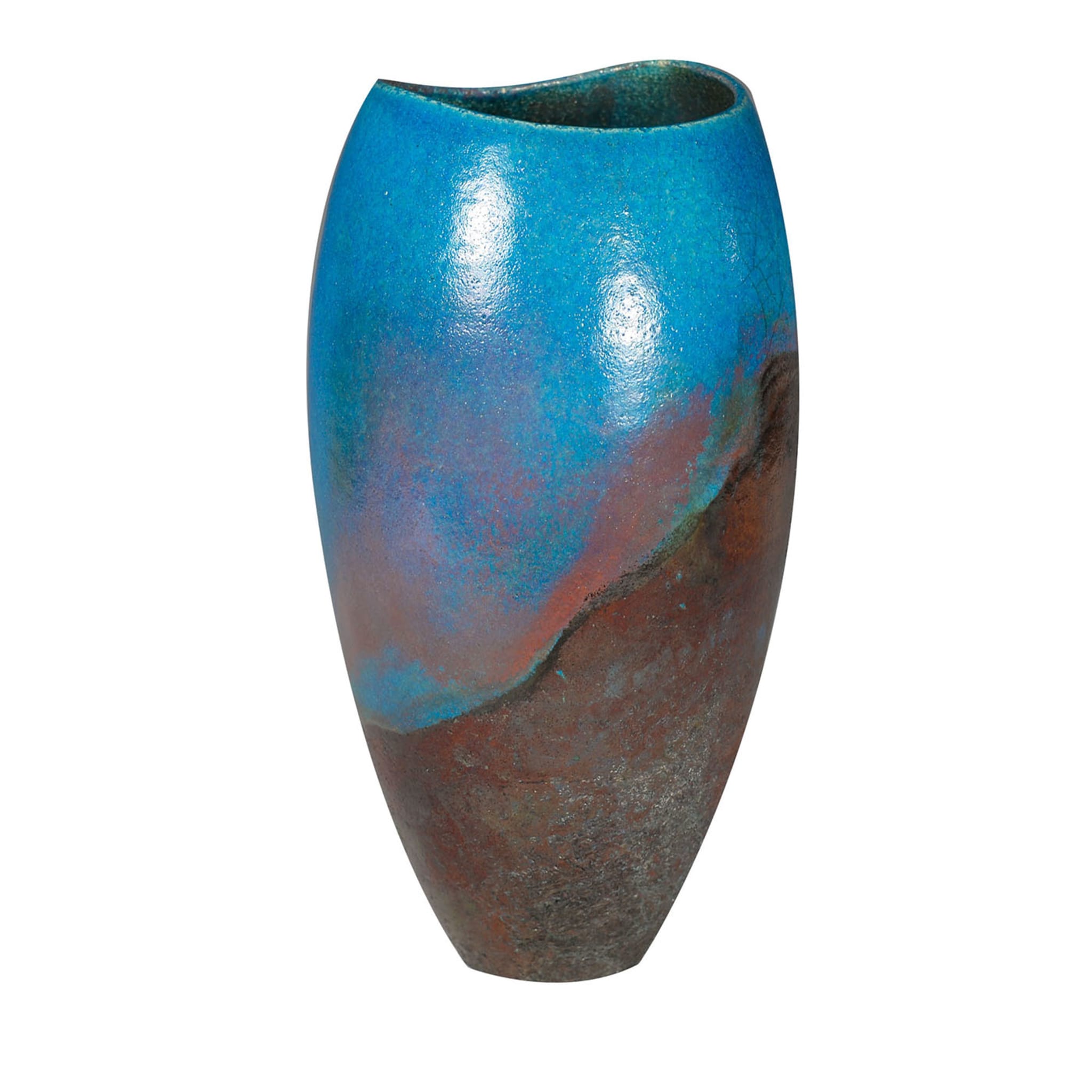 Hellblaue und kupferne Raku-Vase - Hauptansicht