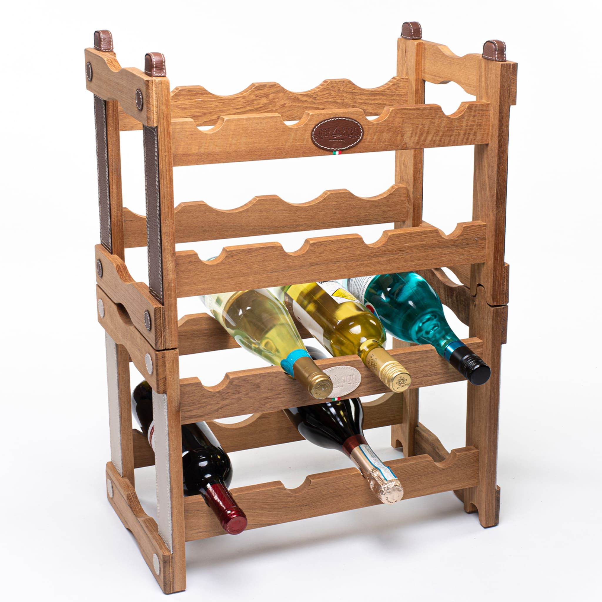 Teak Bottle Rack with Beige Eco-Leather Inserts - Alternative view 1
