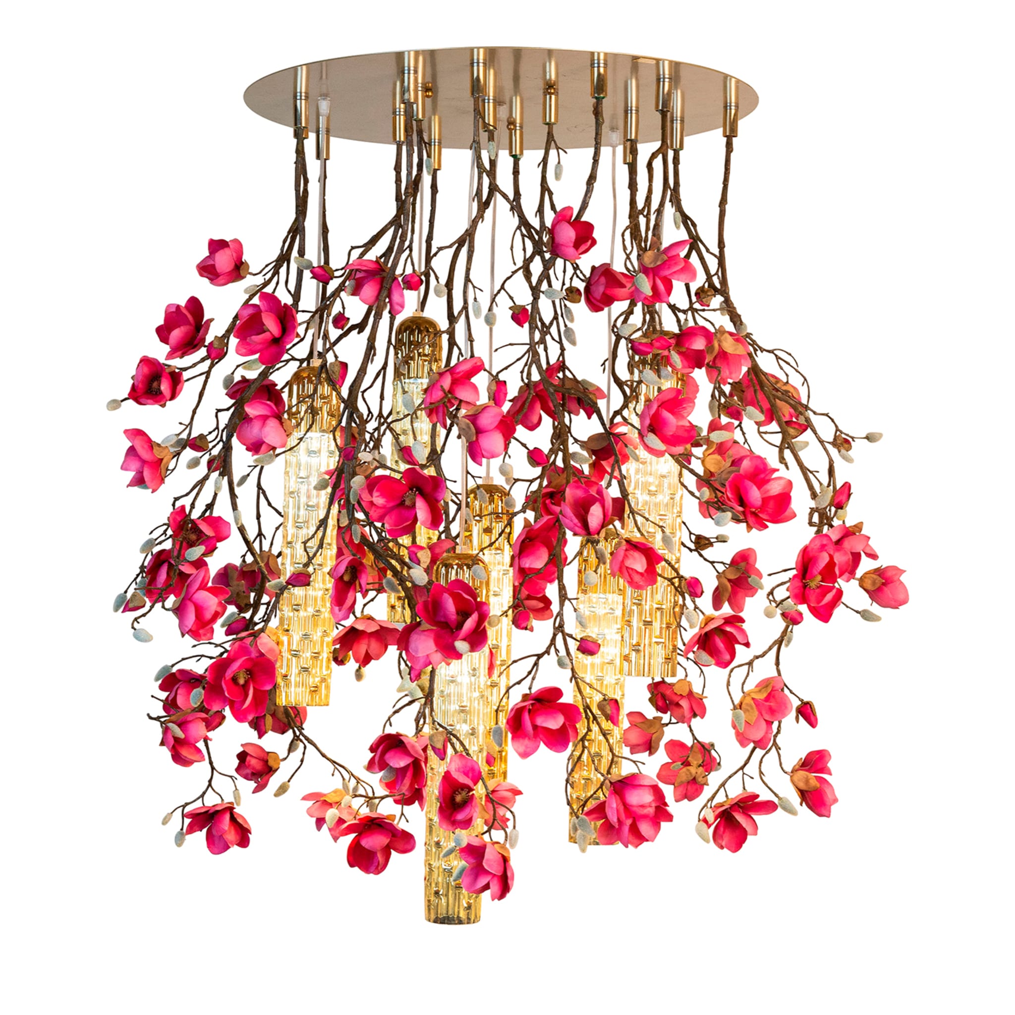 Flower Power Magnolia Pink and Gold Large Round Chandelier - Main view