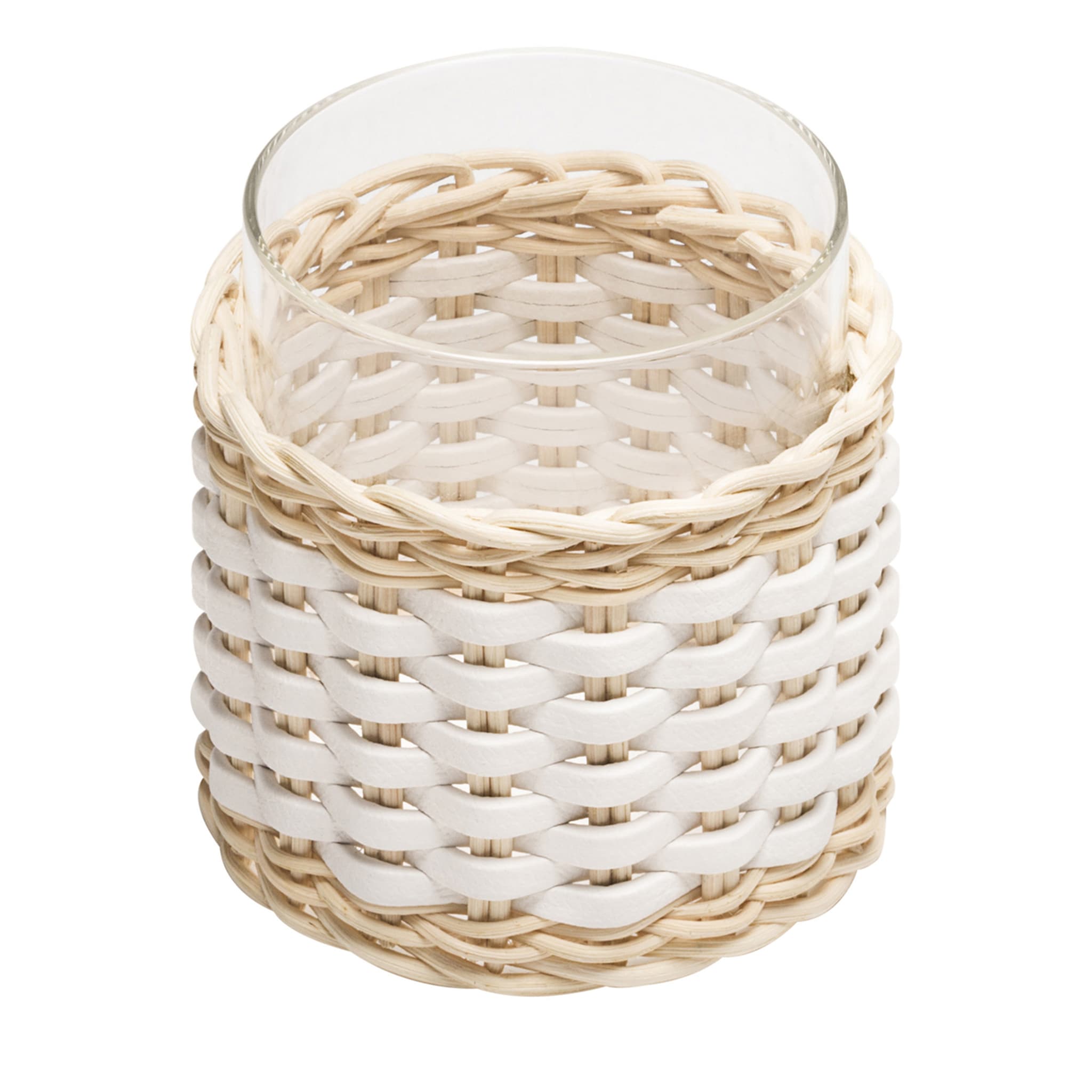 Wideville Leather & Rattan Candleholder - White - Main view