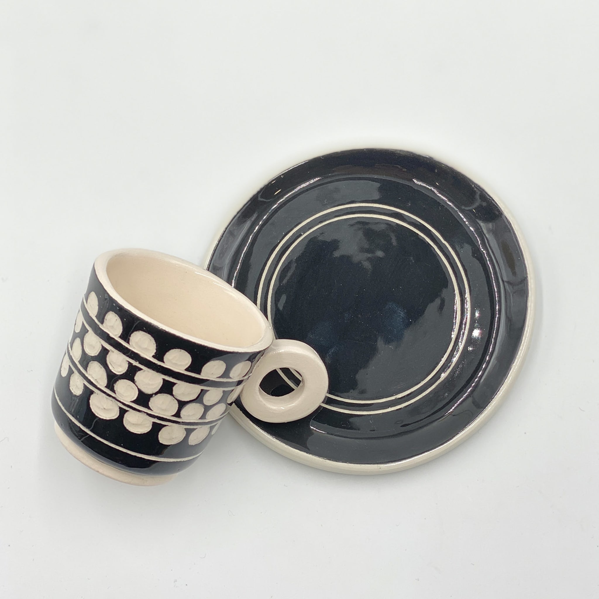 Bouclé Set of 2 Black-And-White Espresso Cups with Saucers - Alternative view 1