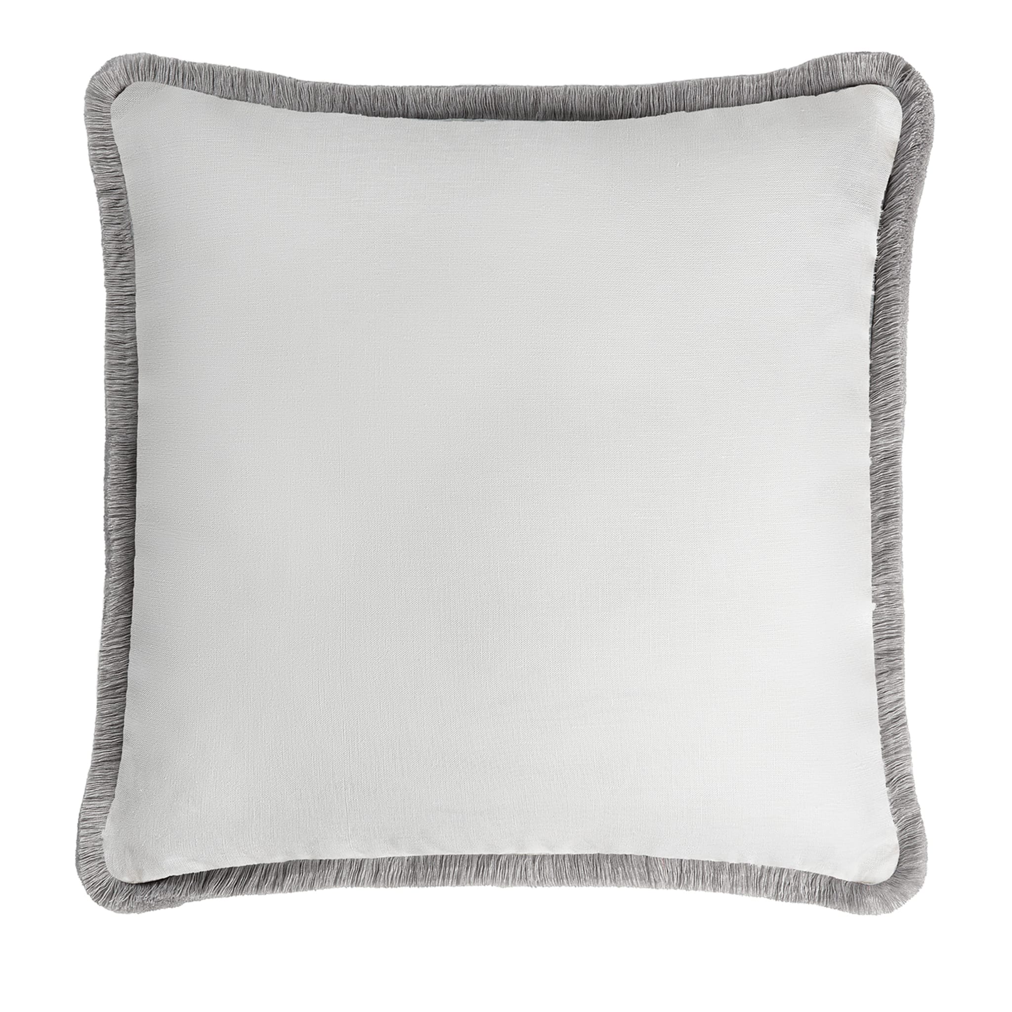 White With Gray Fringes Happy Linen Cushion - Main view