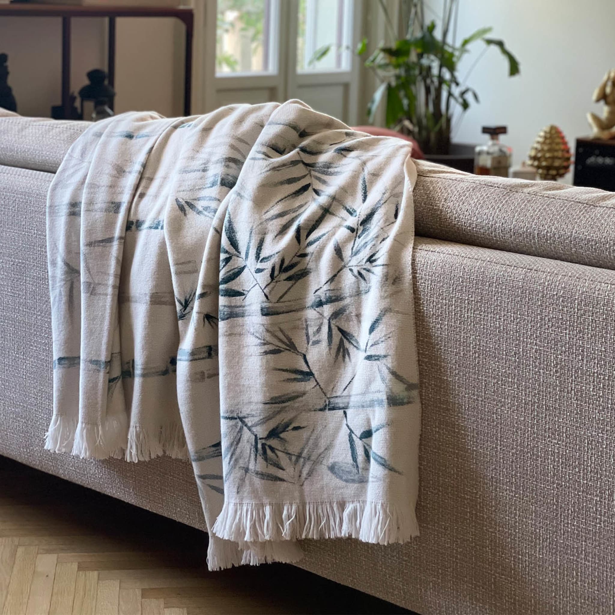 Bamboo Fringed Off-White Handpainted Blanket - Alternative view 5